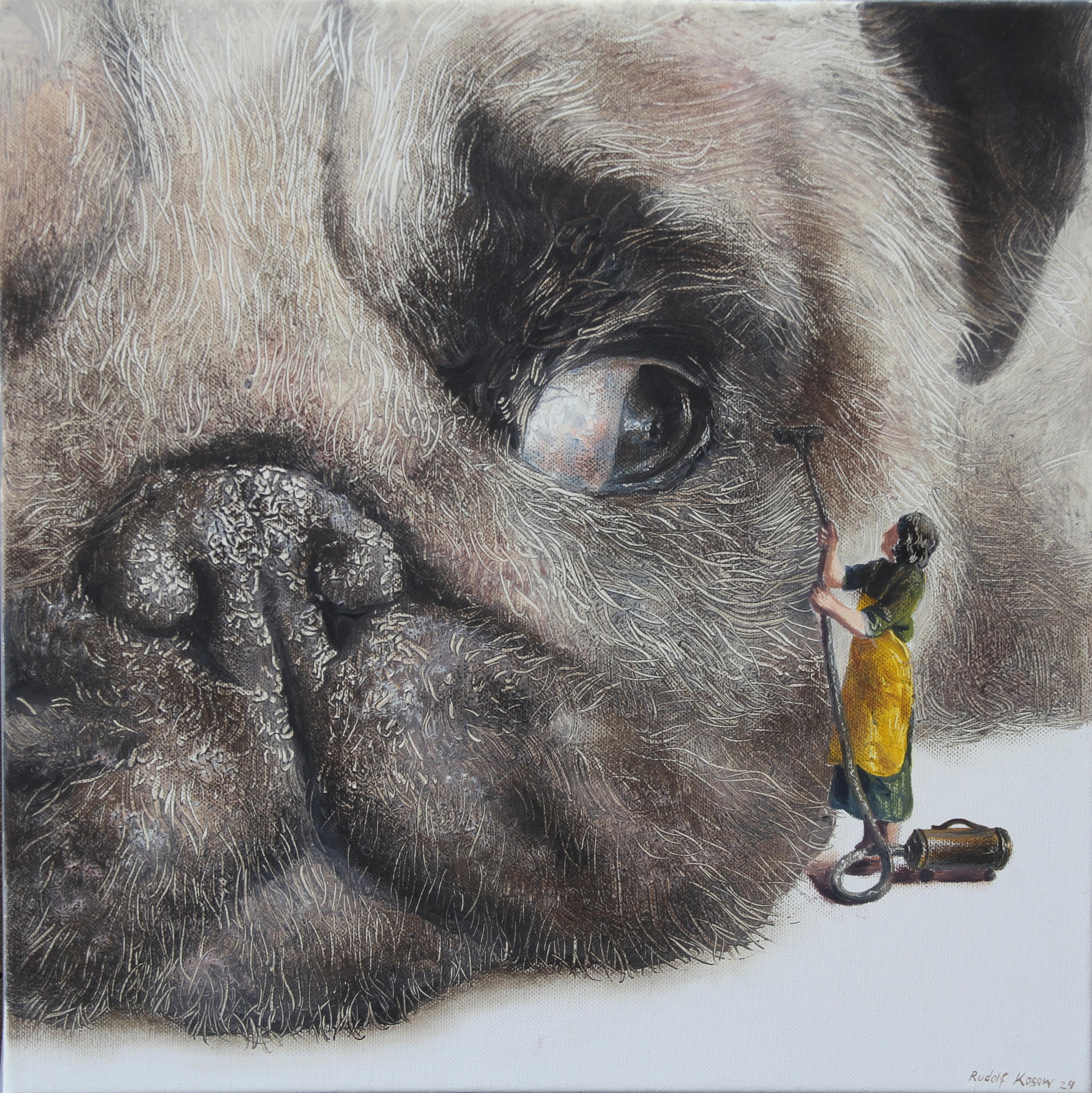 Cleaning Day (dog, snout, pug, lady, vintage, animal, surrealist oil painting) - Painting by Rudolf Kosow