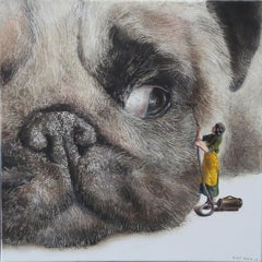 Cleaning Day (dog, snout, pug, lady, vintage, animal, surrealist oil painting)