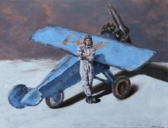 Confident (blue plane, man, aviator, surrealist painting)