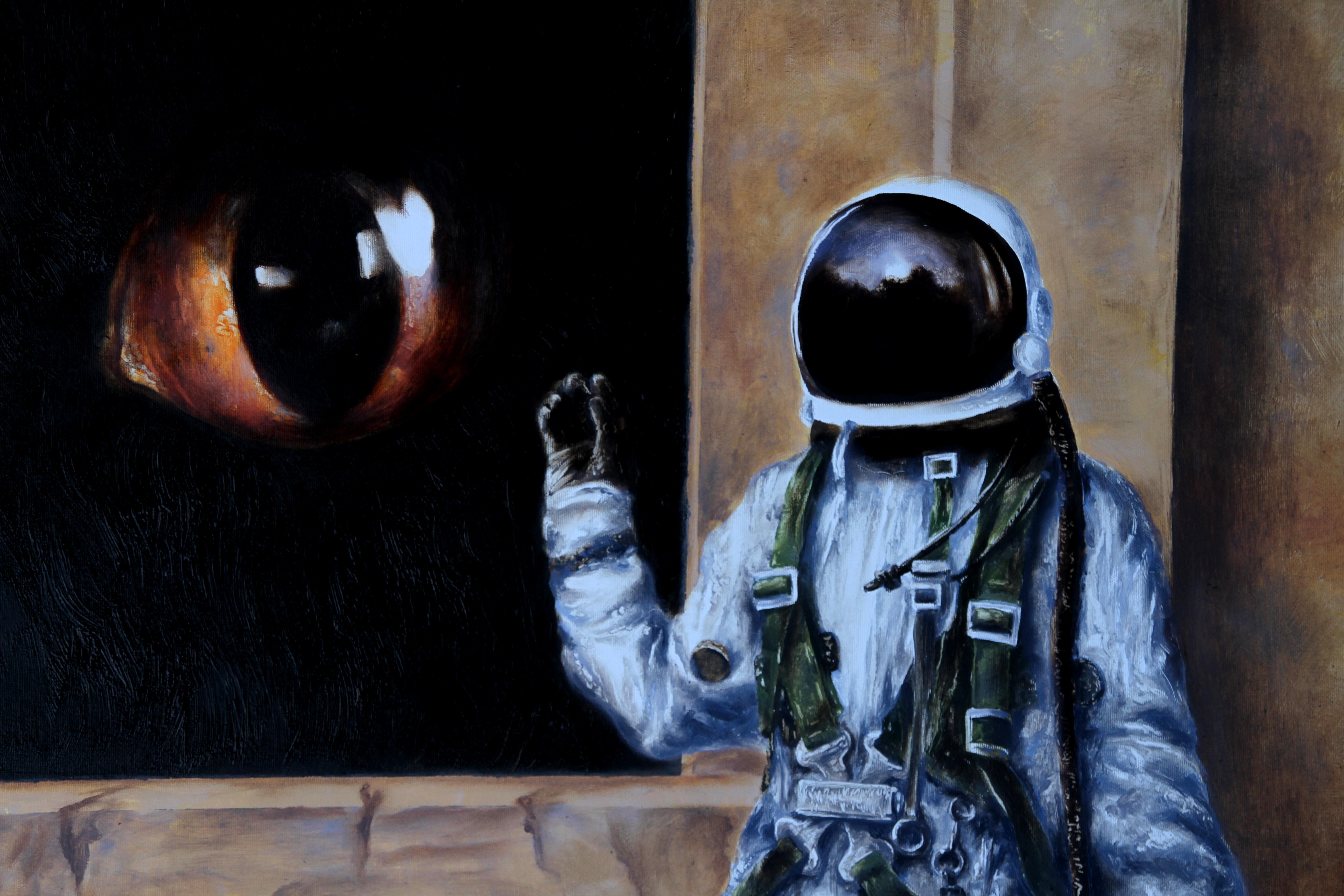 Contact (animal cat eye astronaut oil painting surrealist figurative mystery) - Painting by Rudolf Kosow