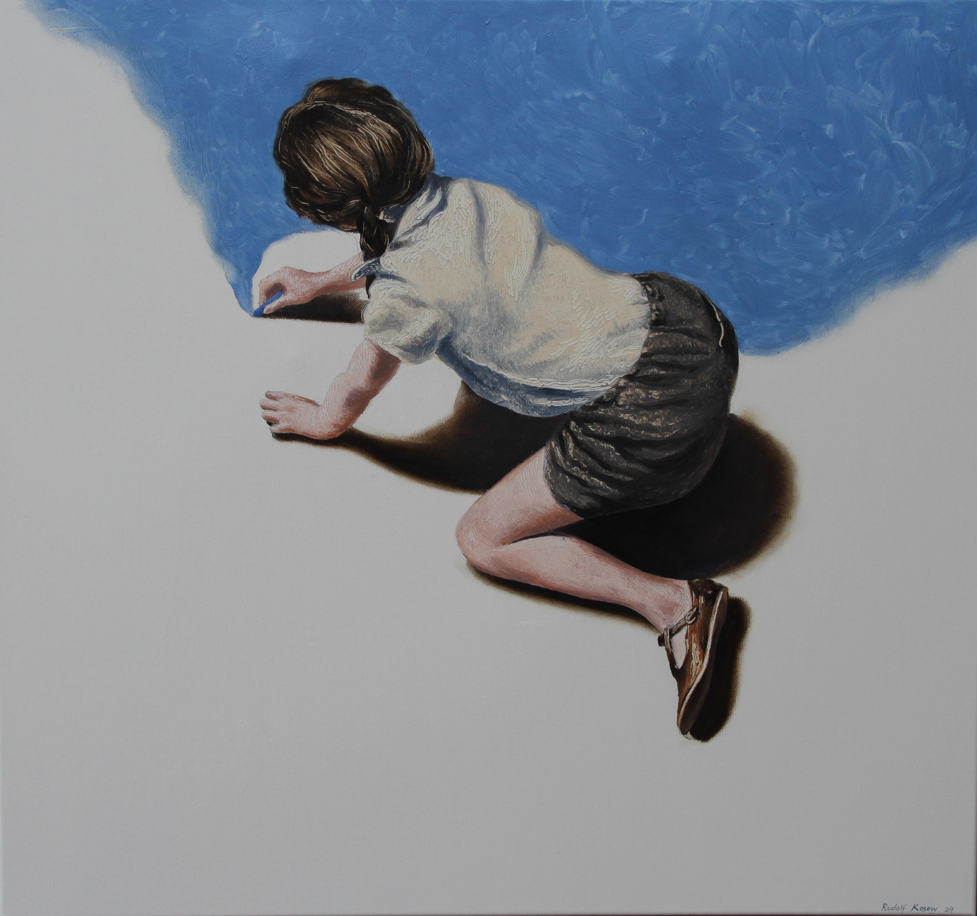 Creative Rush (girl drawing blue sky figurative oil painting brown tonnes) For Sale 1