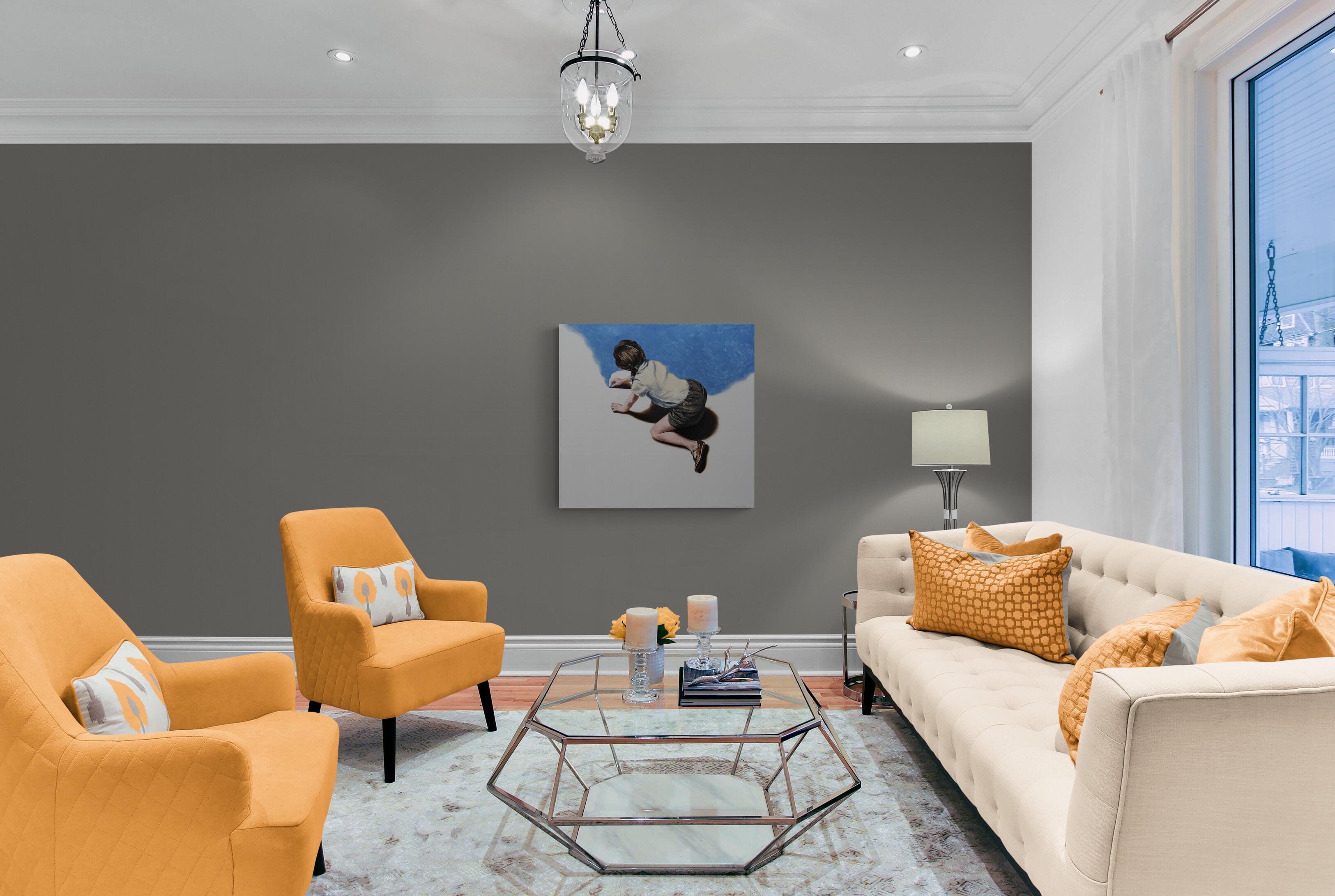 Creative Rush (girl drawing blue sky figurative oil painting brown tonnes) For Sale 2