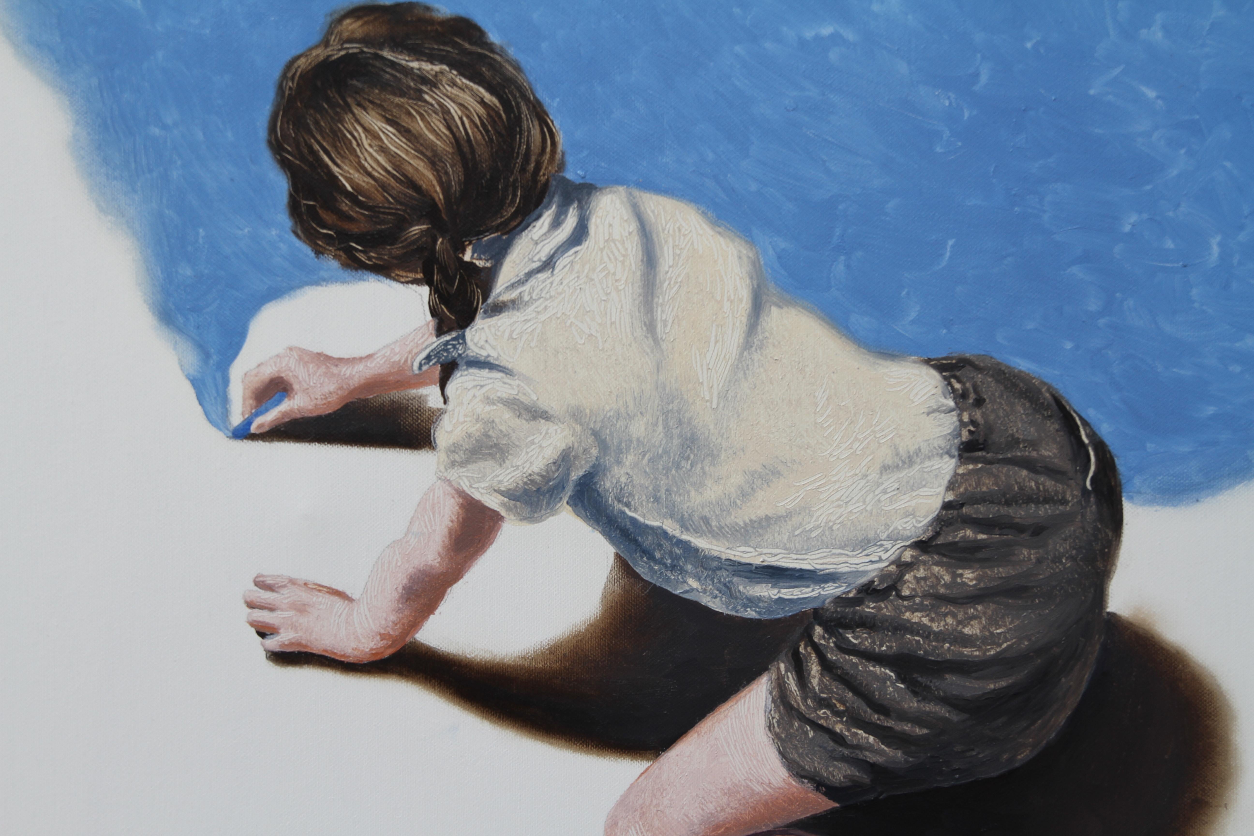 Rudolf Kosow Figurative Painting - Creative Rush (girl drawing blue sky figurative oil painting brown tonnes)