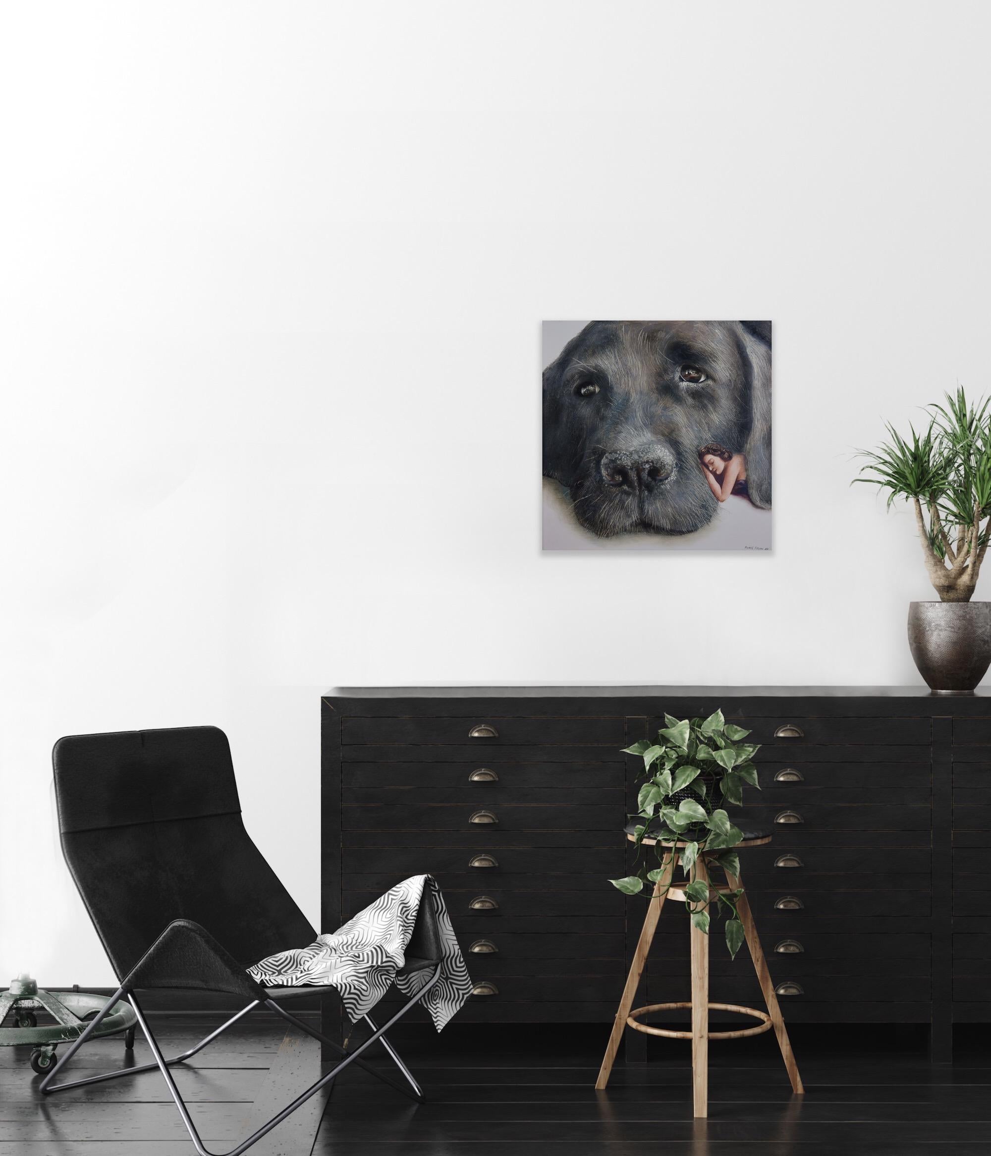 Cuddly (black old dog, snout, lady, vintage, animal, surrealist oil painting) For Sale 6