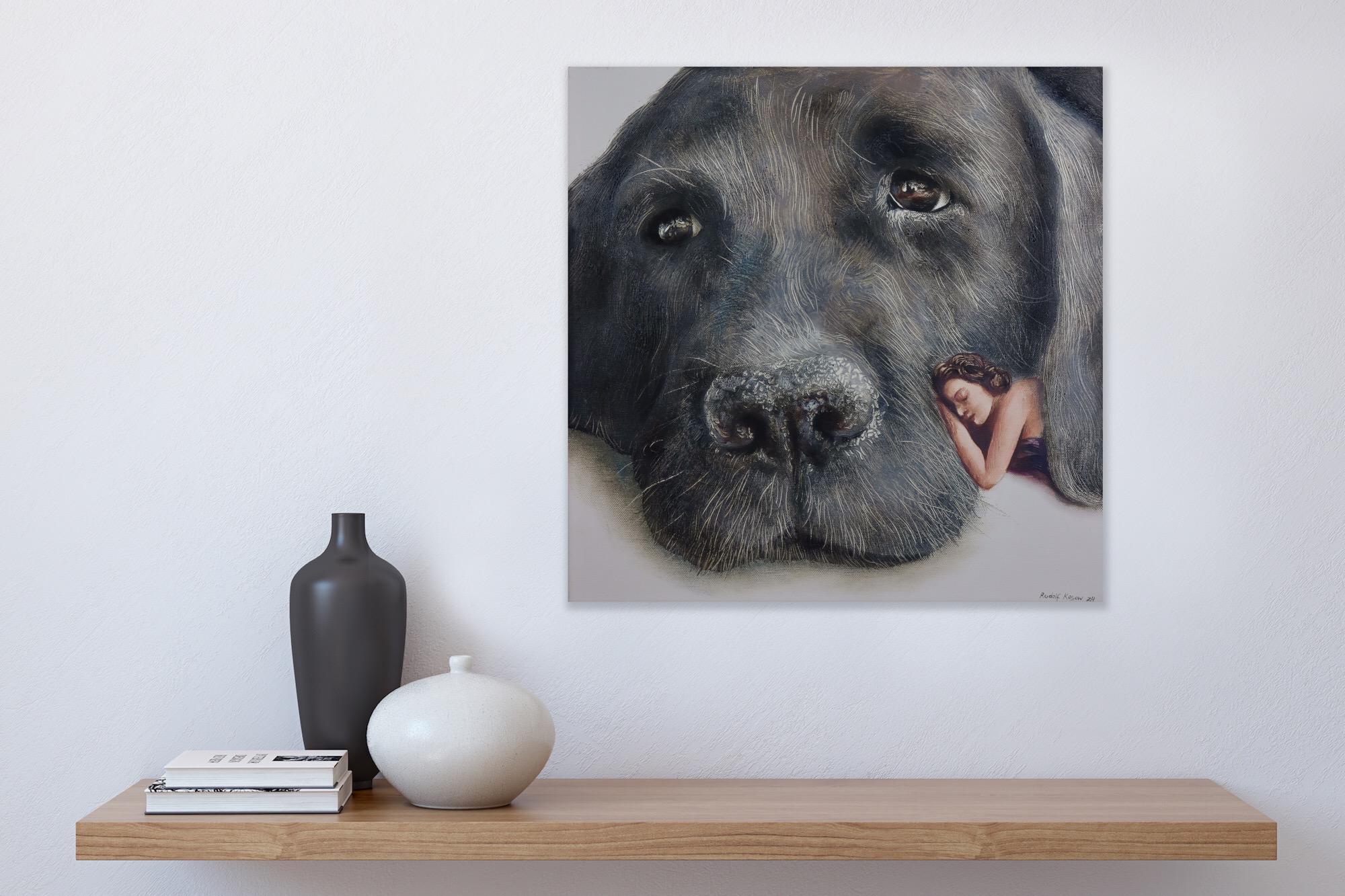Cuddly (black old dog, snout, lady, vintage, animal, surrealist oil painting) For Sale 7