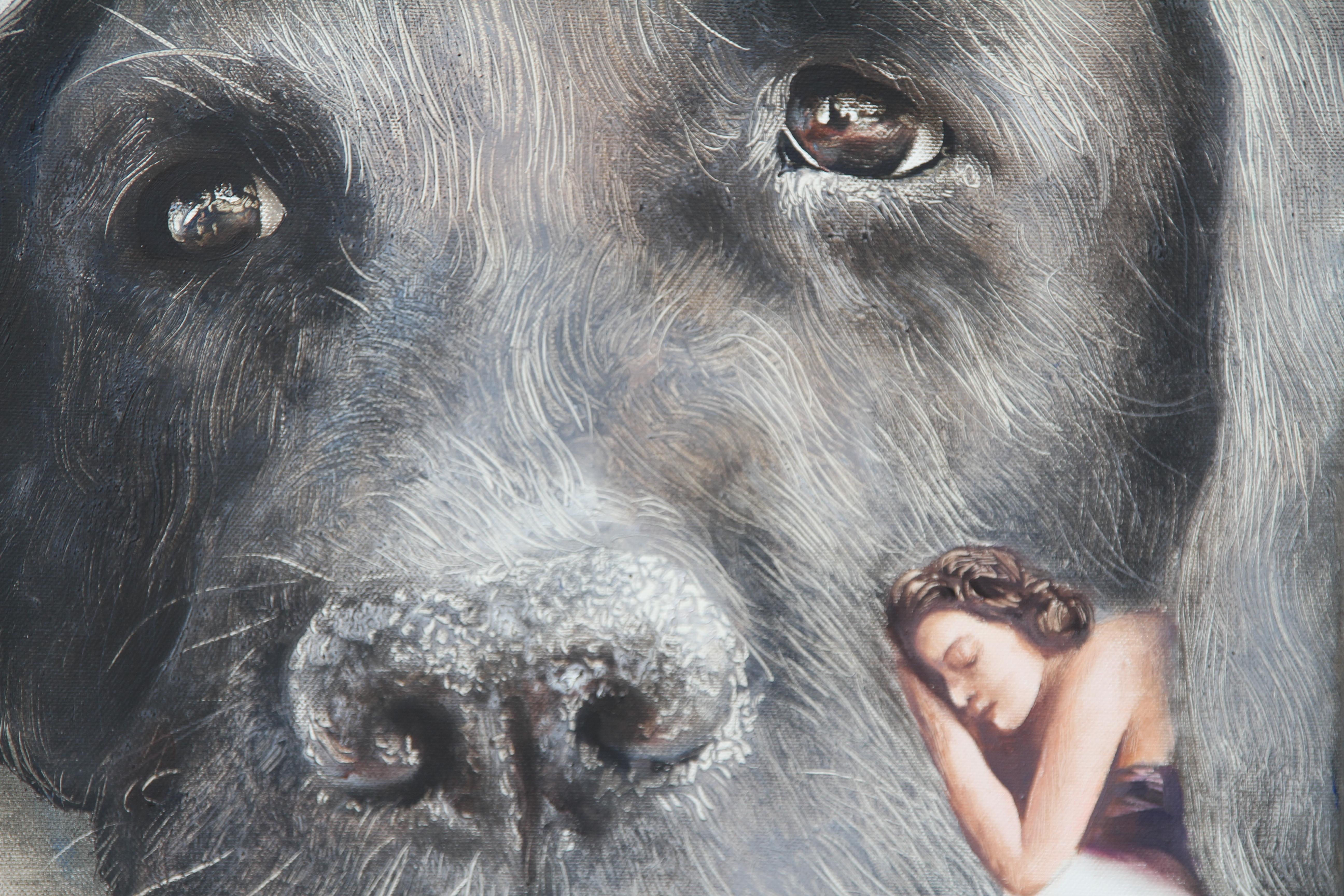 Cuddly (schwarzer alter Hund, Ausbrenner, Dame, Vintage, Tier, surrealistisches Ölgemälde) (Surrealismus), Painting, von Rudolf Kosow