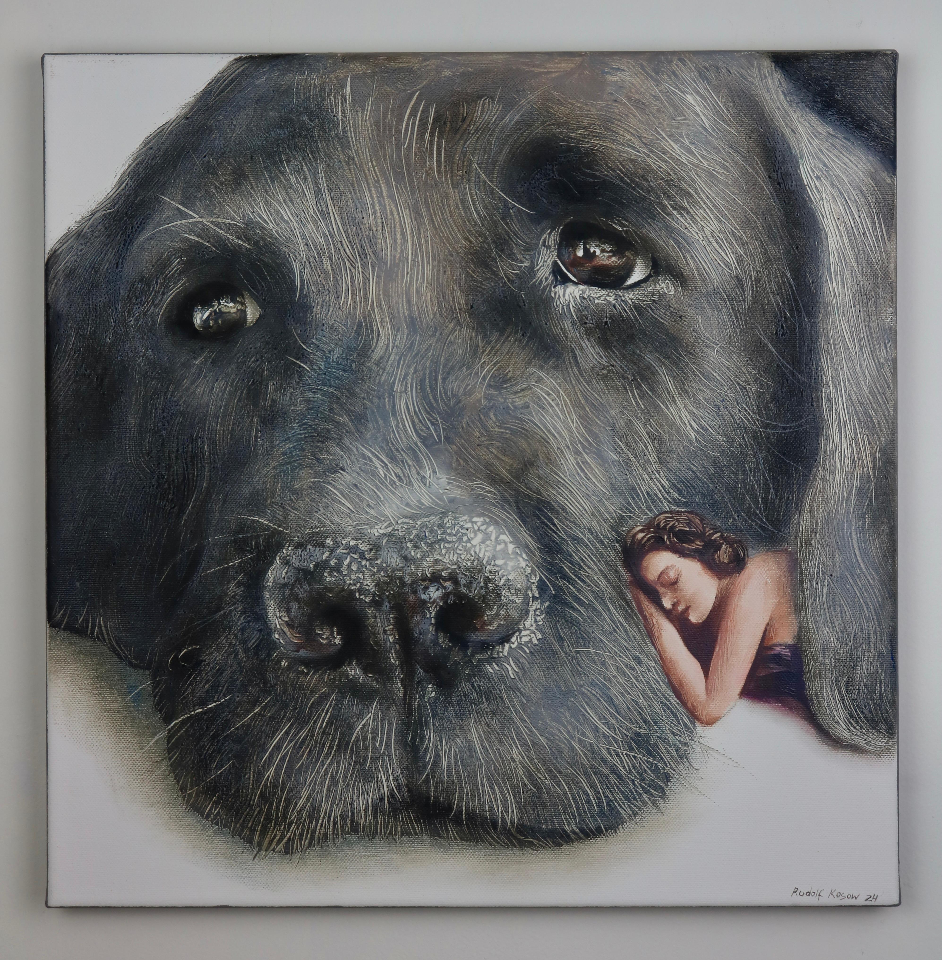 Cuddly (black old dog, snout, lady, vintage, animal, surrealist oil painting) For Sale 1