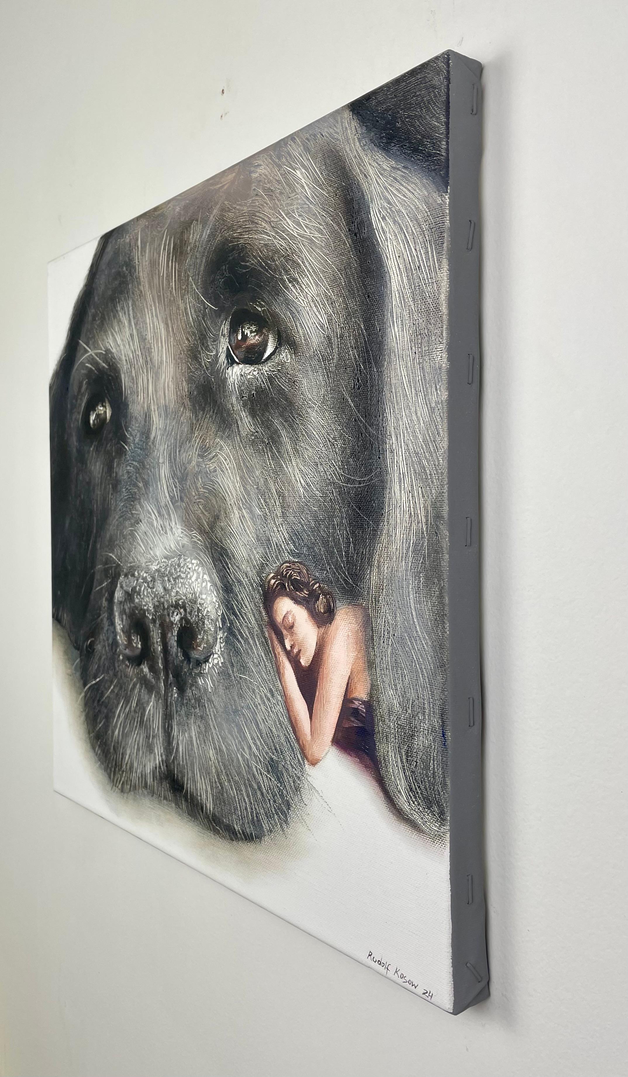 Cuddly (black old dog, snout, lady, vintage, animal, surrealist oil painting) For Sale 2