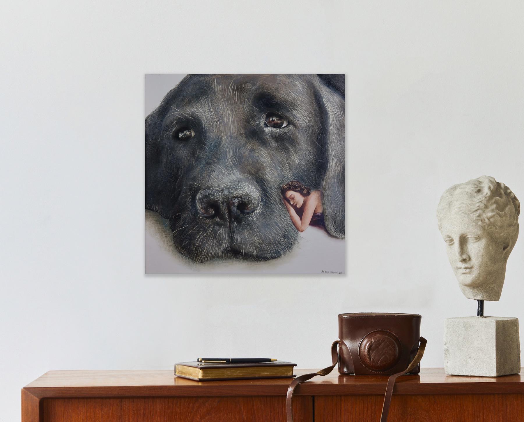 Cuddly (black old dog, snout, lady, vintage, animal, surrealist oil painting) For Sale 3