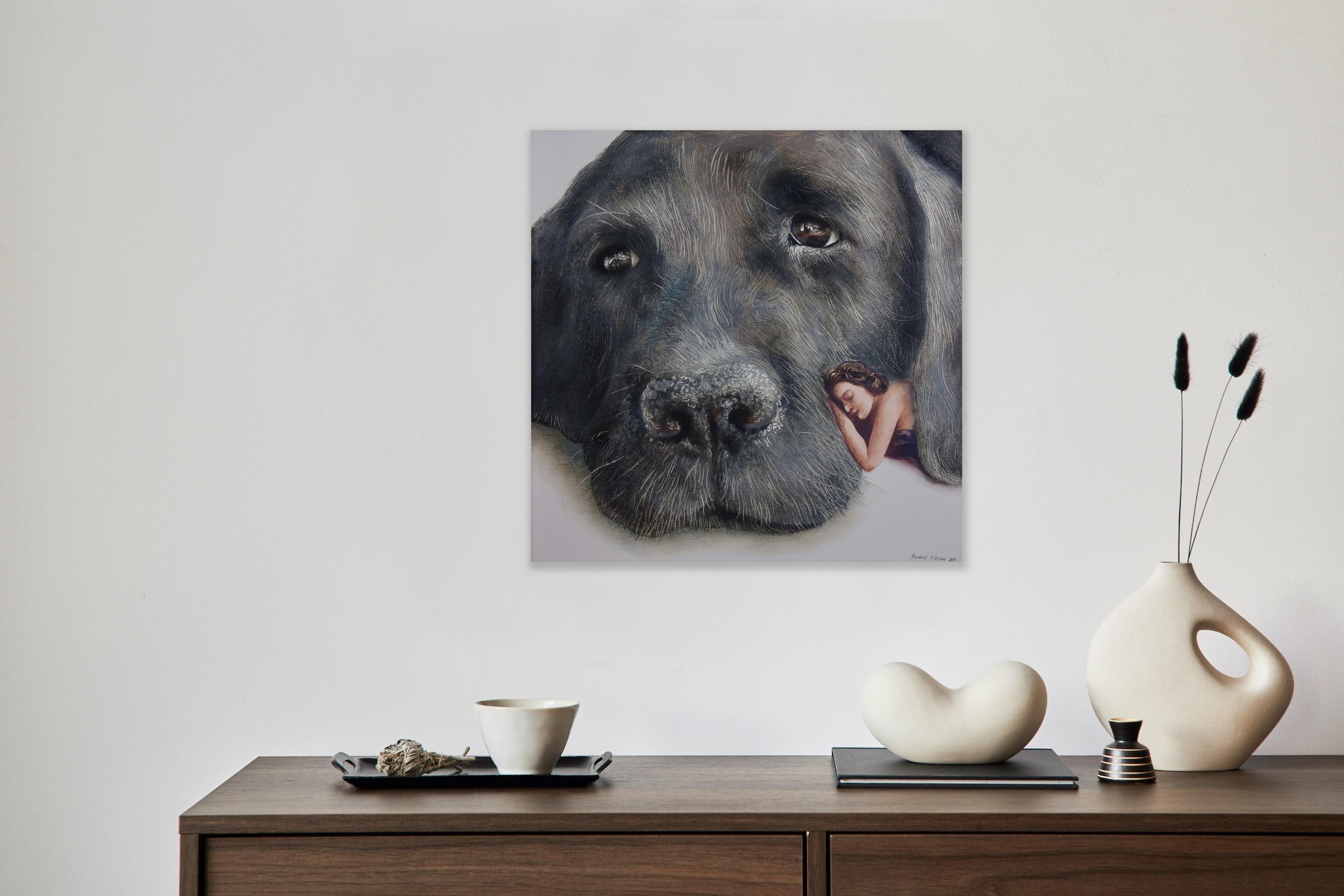 Cuddly (black old dog, snout, lady, vintage, animal, surrealist oil painting) For Sale 5