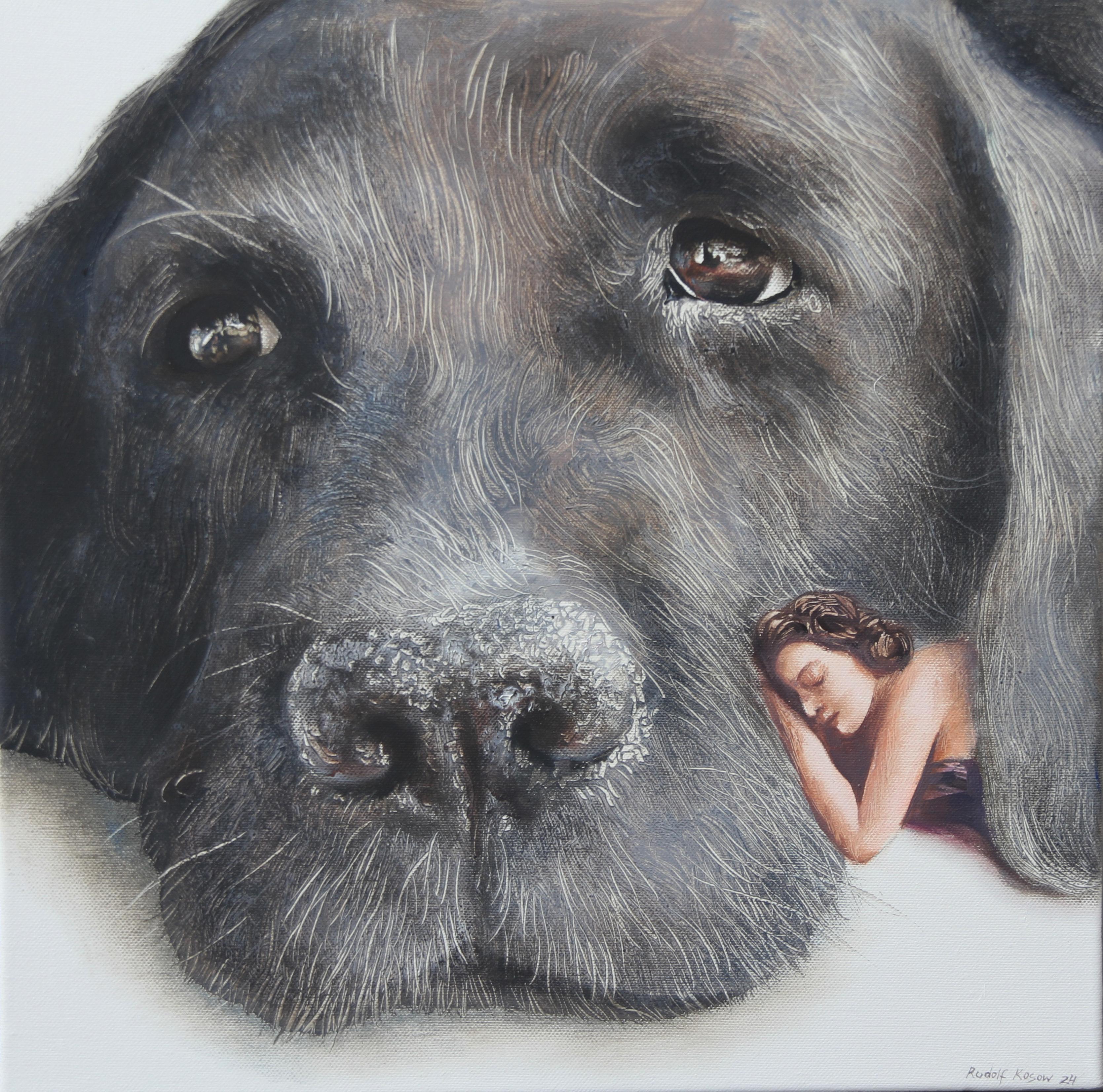 Cuddly (schwarzer alter Hund, Ausbrenner, Dame, Vintage, Tier, surrealistisches Ölgemälde) – Painting von Rudolf Kosow