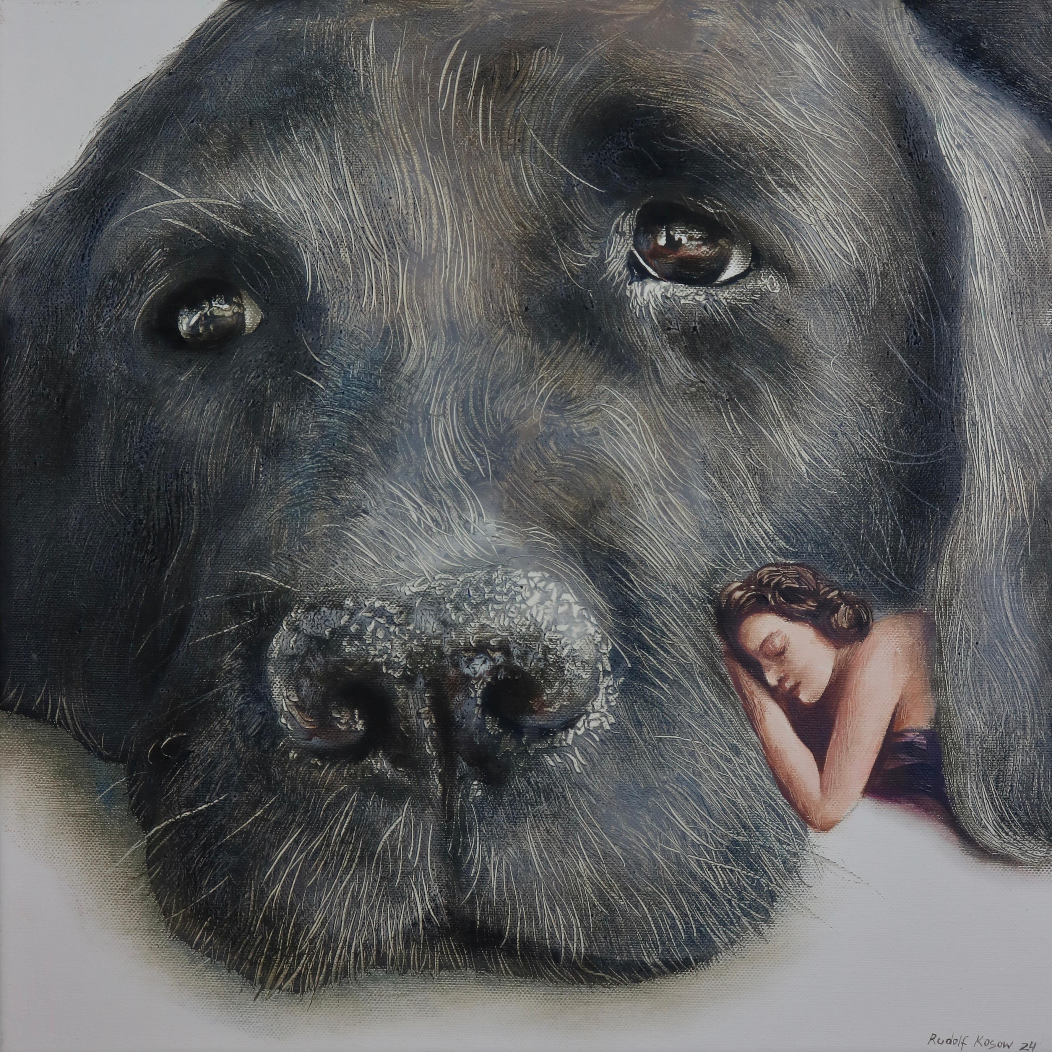 Rudolf Kosow Animal Painting – Cuddly (schwarzer alter Hund, Ausbrenner, Dame, Vintage, Tier, surrealistisches Ölgemälde)
