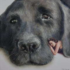 Cuddly (vieux chien noir, museau, dame, vintage, animal, peinture à l'huile surréaliste)