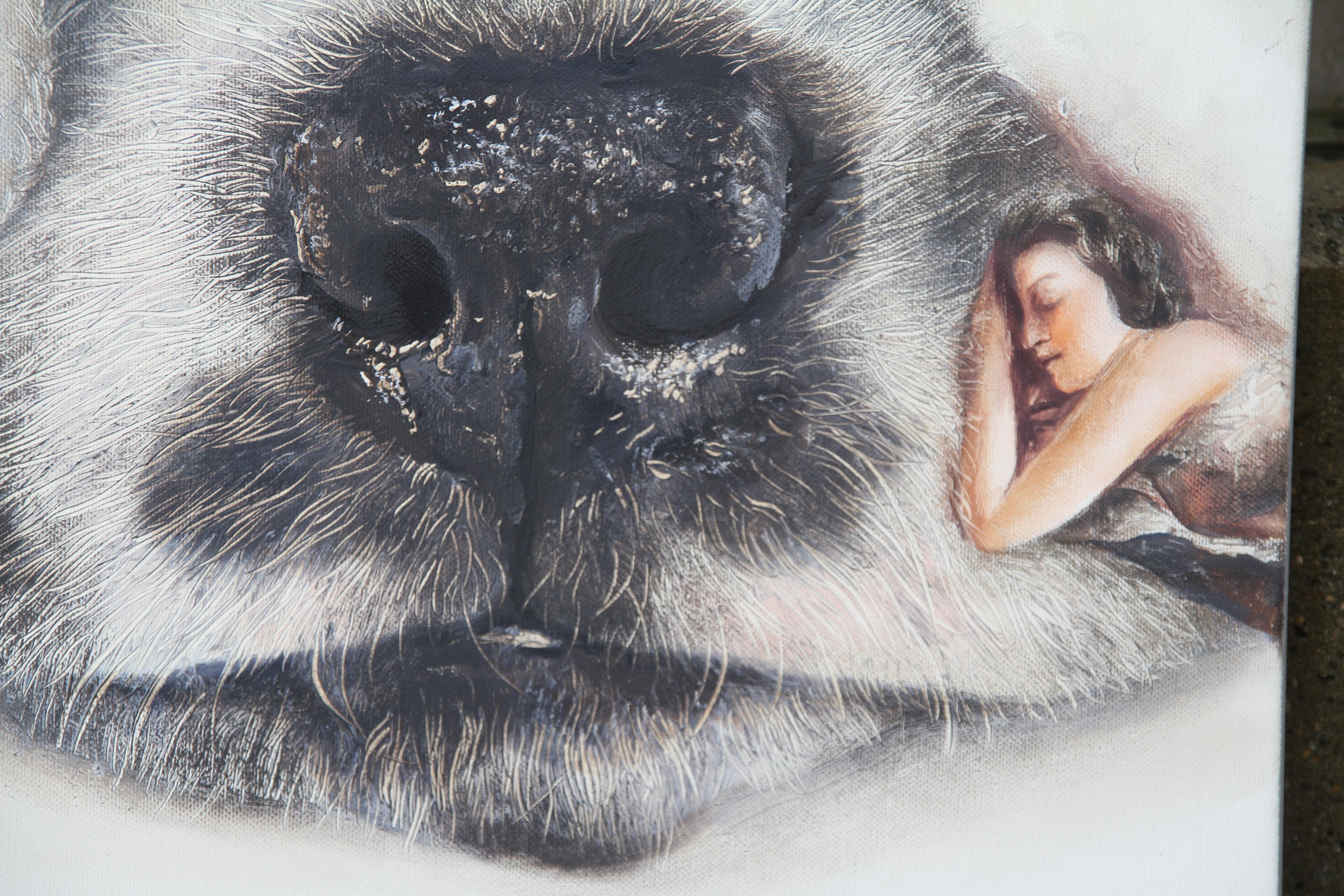Cuddly Snout (Hut, Ausbrenner, Nase, Dame, Vintage, Tier, surrealistisches Ölgemälde) (Surrealismus), Painting, von Rudolf Kosow
