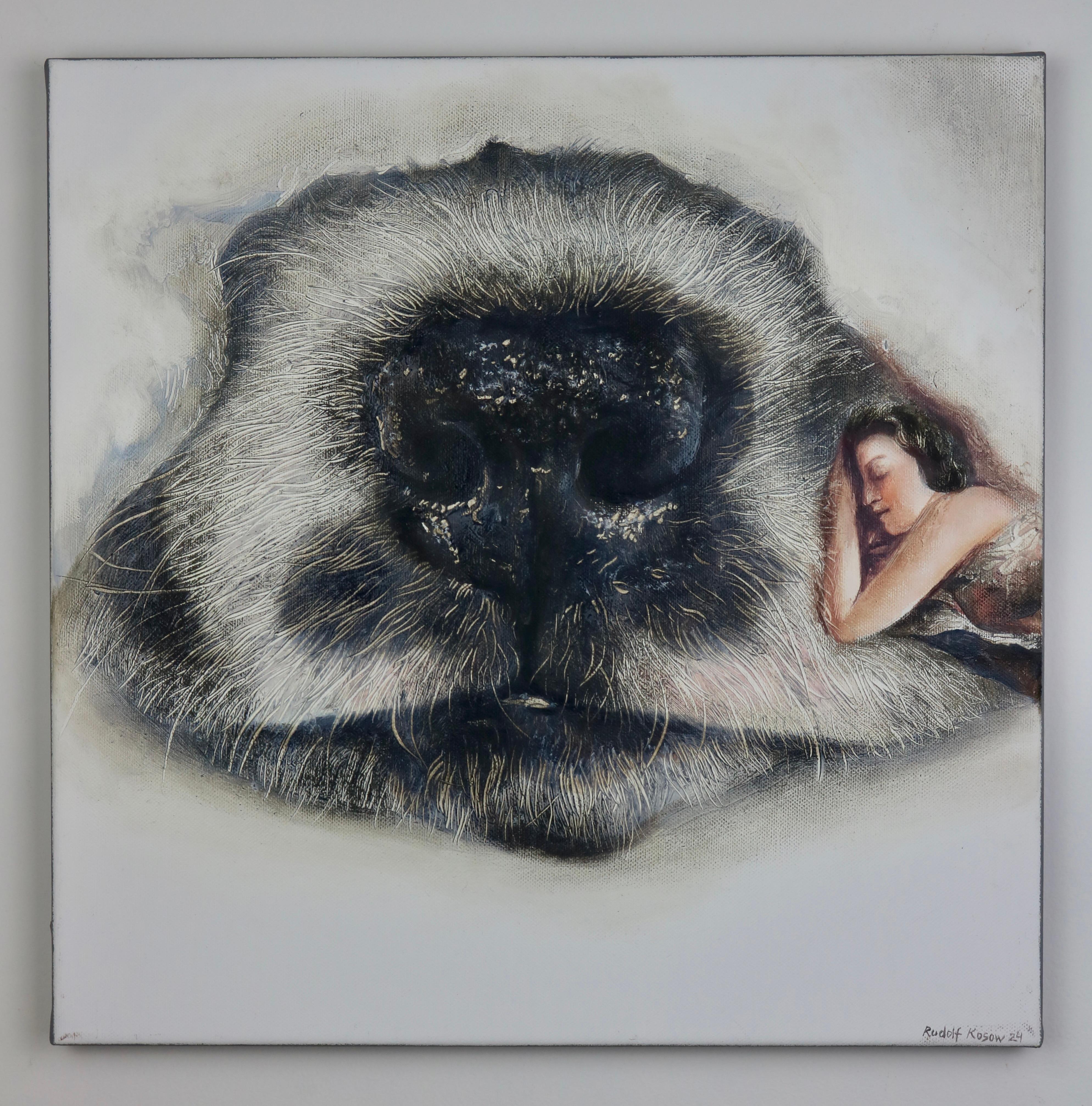 Cuddly Snout (dog, snout, nose, lady, vintage, animal, surrealist oil painting) For Sale 1