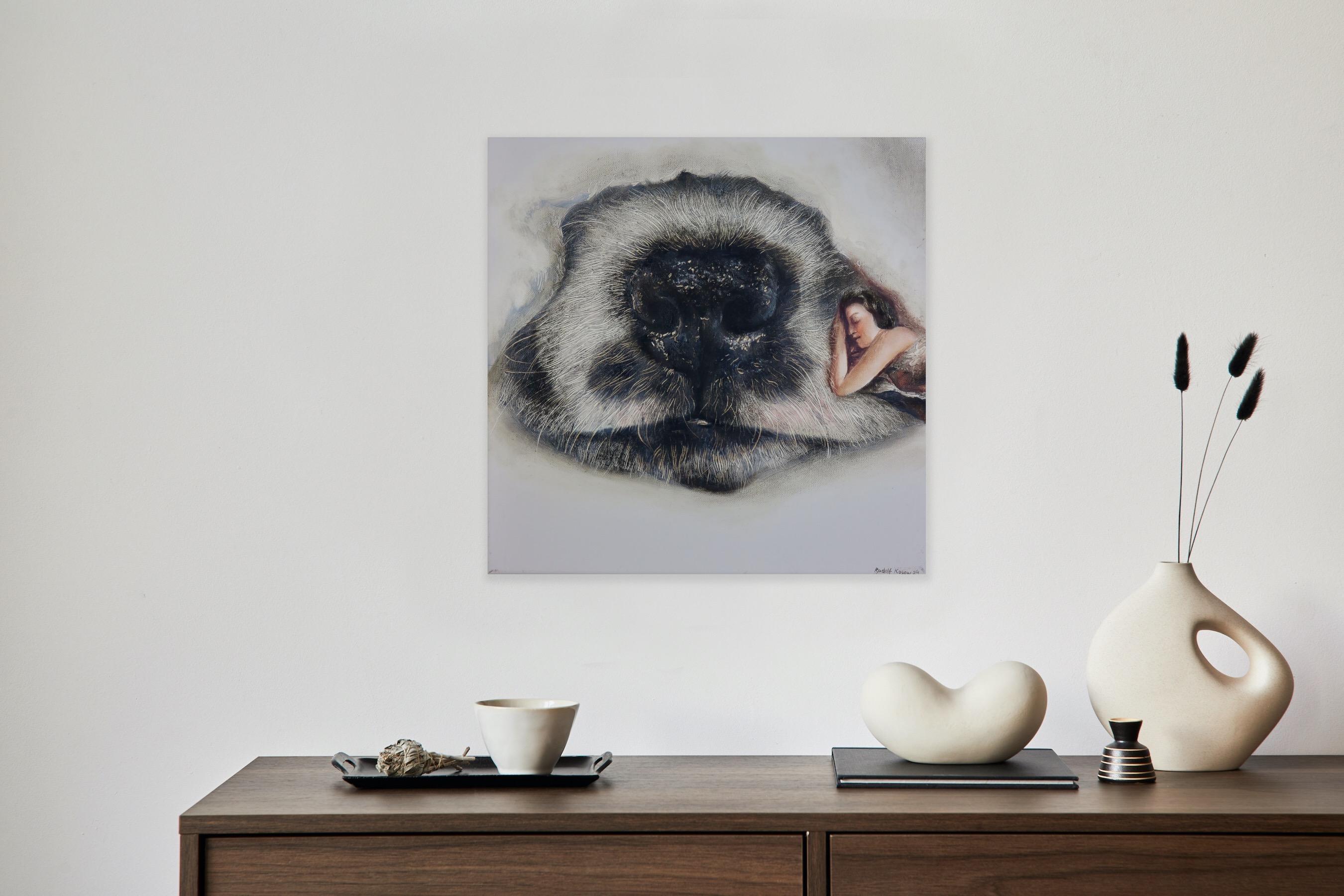 Cuddly Snout (dog, snout, nose, lady, vintage, animal, surrealist oil painting) For Sale 3