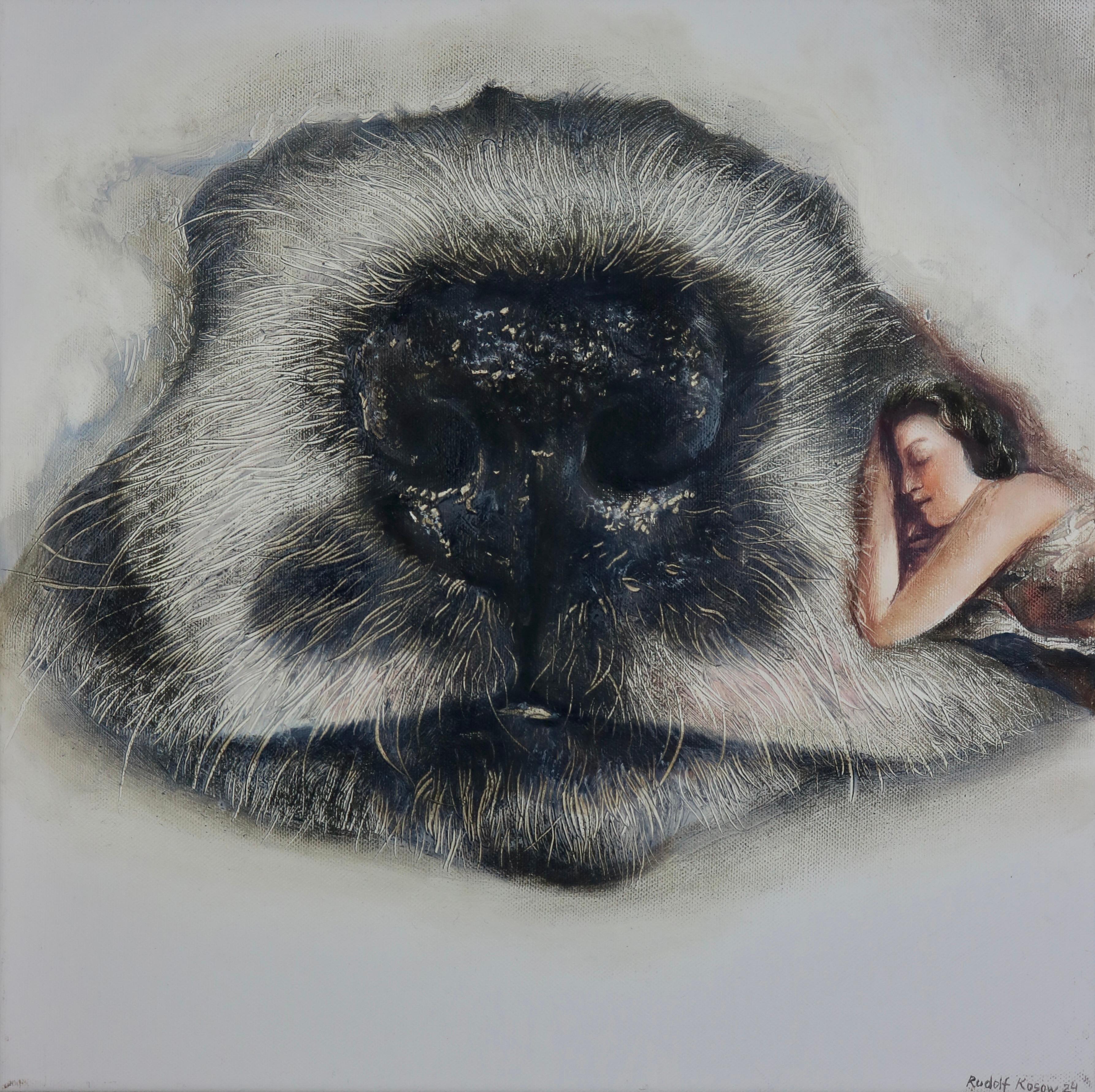 Rudolf Kosow Animal Painting – Cuddly Snout (Hut, Ausbrenner, Nase, Dame, Vintage, Tier, surrealistisches Ölgemälde)