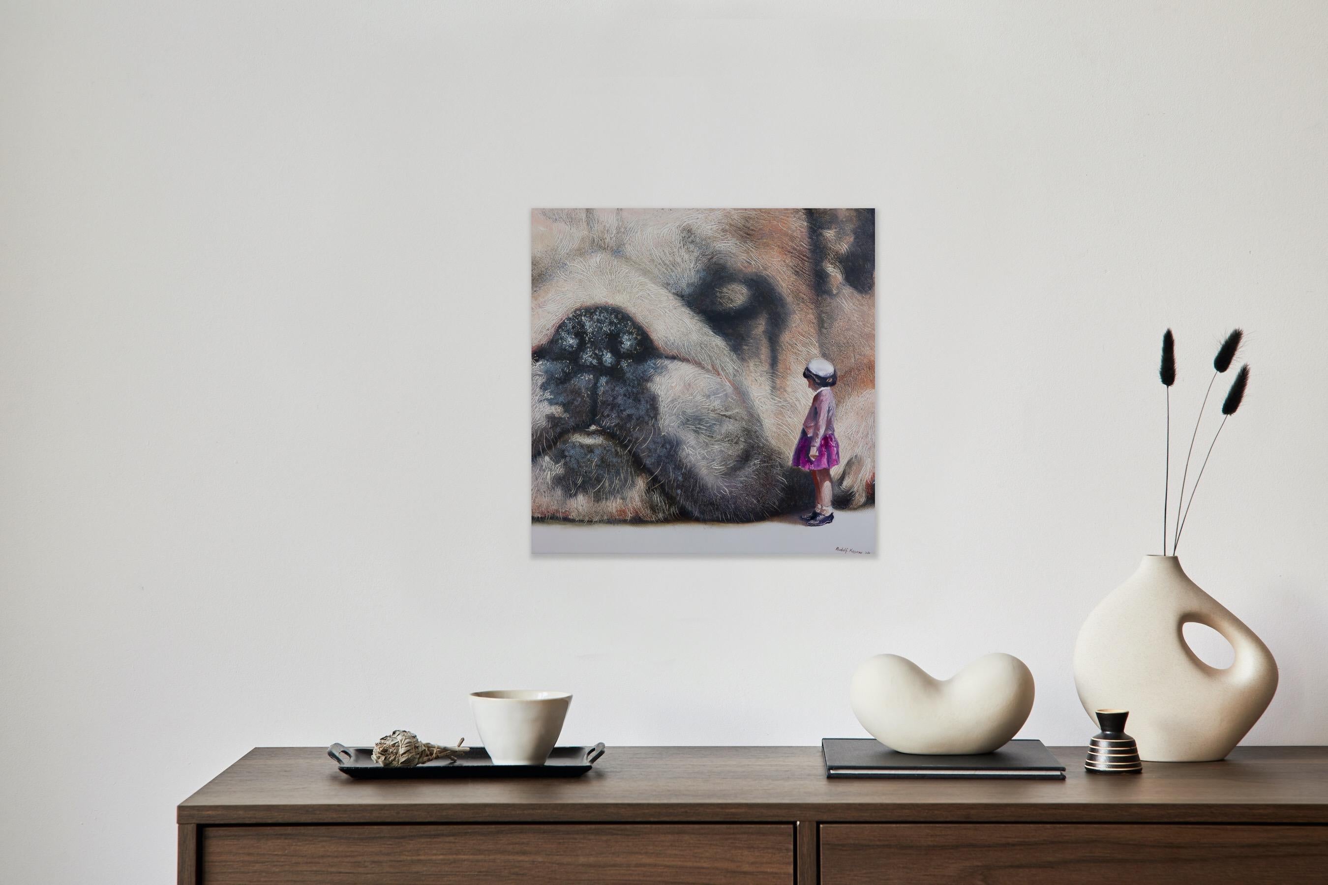 Curious (black old dog, snout, lady, vintage, animal, surrealist oil painting) For Sale 5