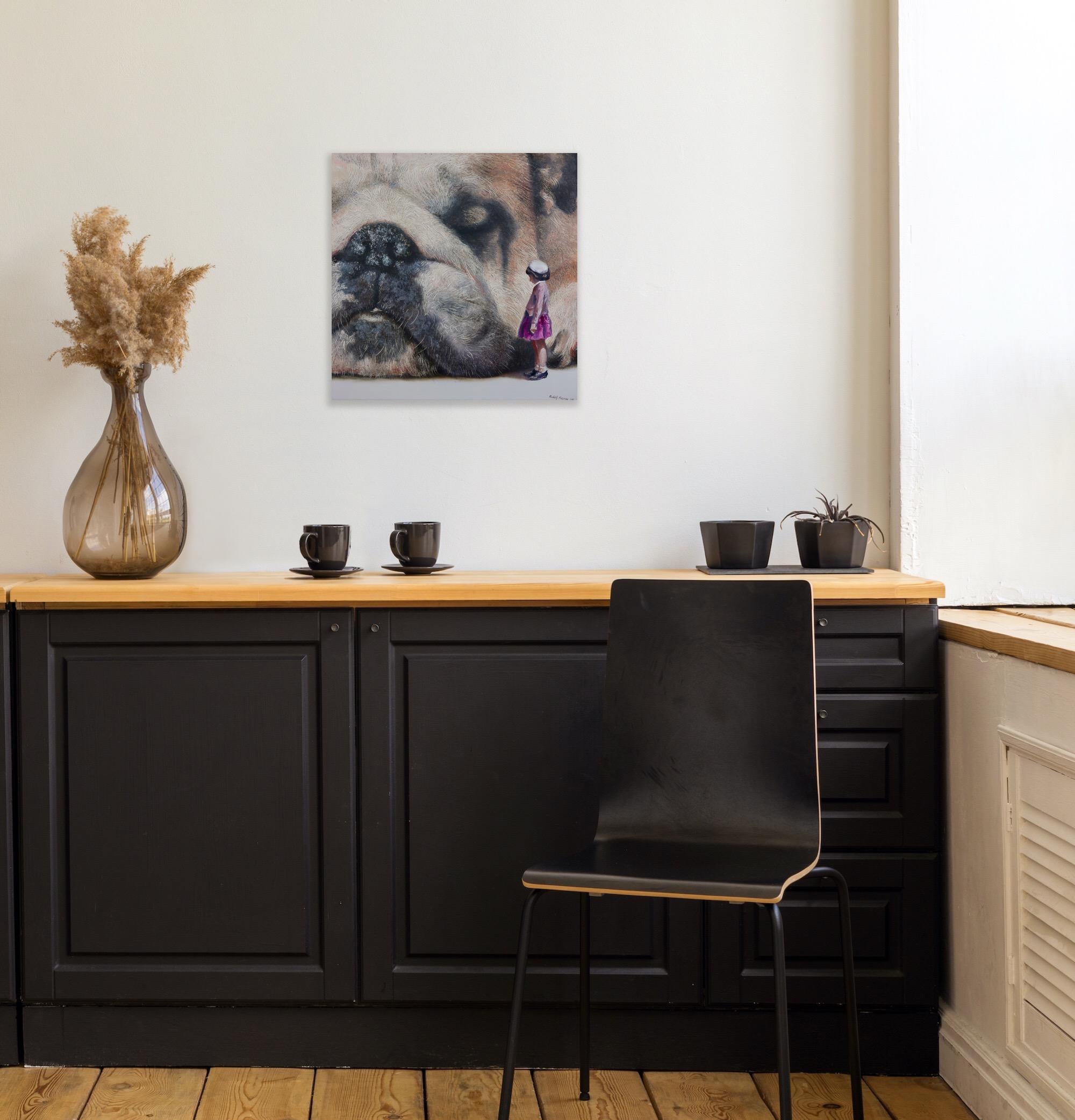 Curious (black old dog, snout, lady, vintage, animal, surrealist oil painting) For Sale 6