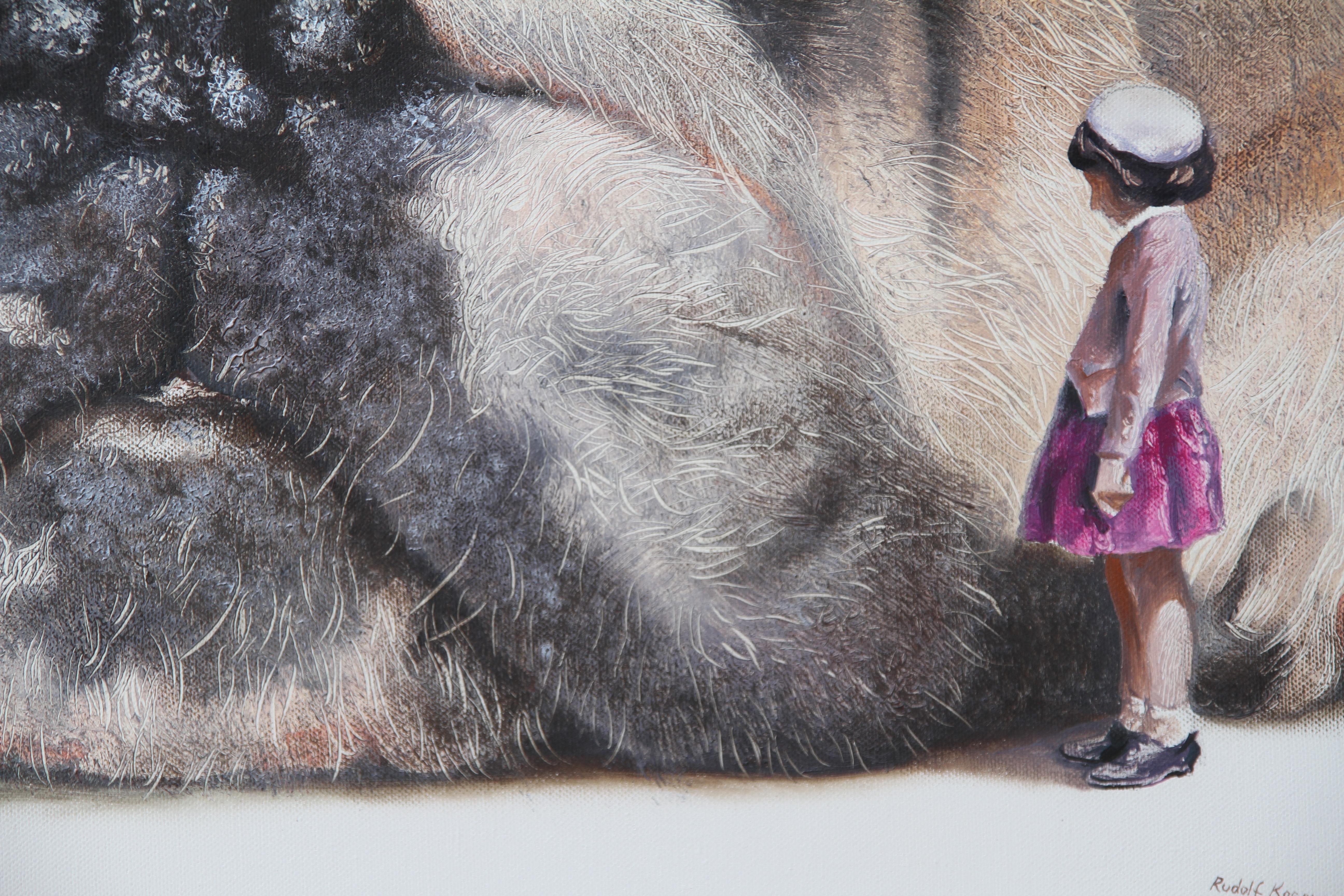 Curious (schwarzer alter Hund, Ausbrenner, Dame, Vintage, Tier, surrealistisches Ölgemälde) – Painting von Rudolf Kosow