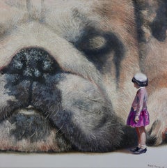 Curious (black old dog, snout, lady, vintage, animal, surrealist oil painting)