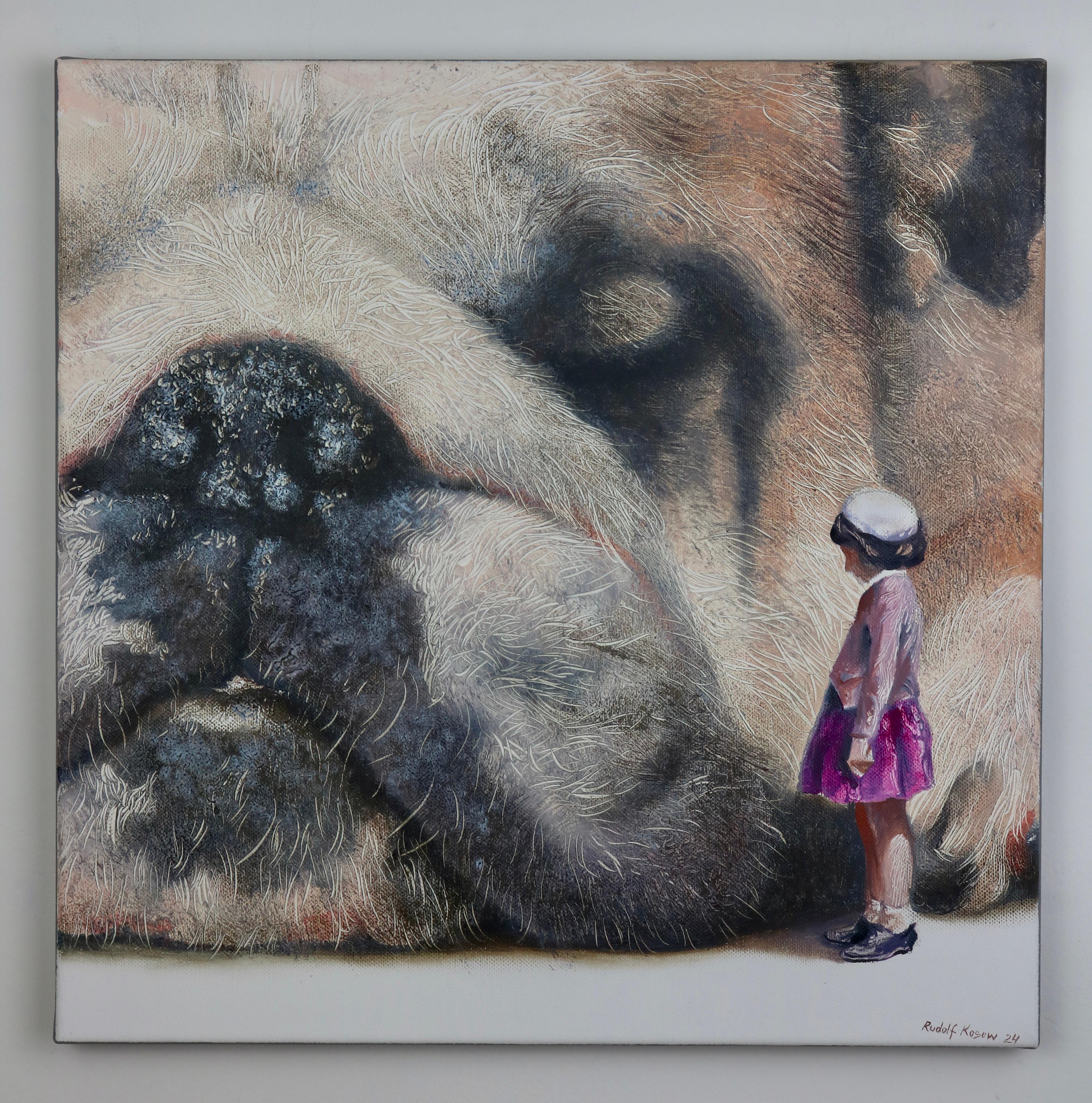 Curious (black old dog, snout, lady, vintage, animal, surrealist oil painting) For Sale 1