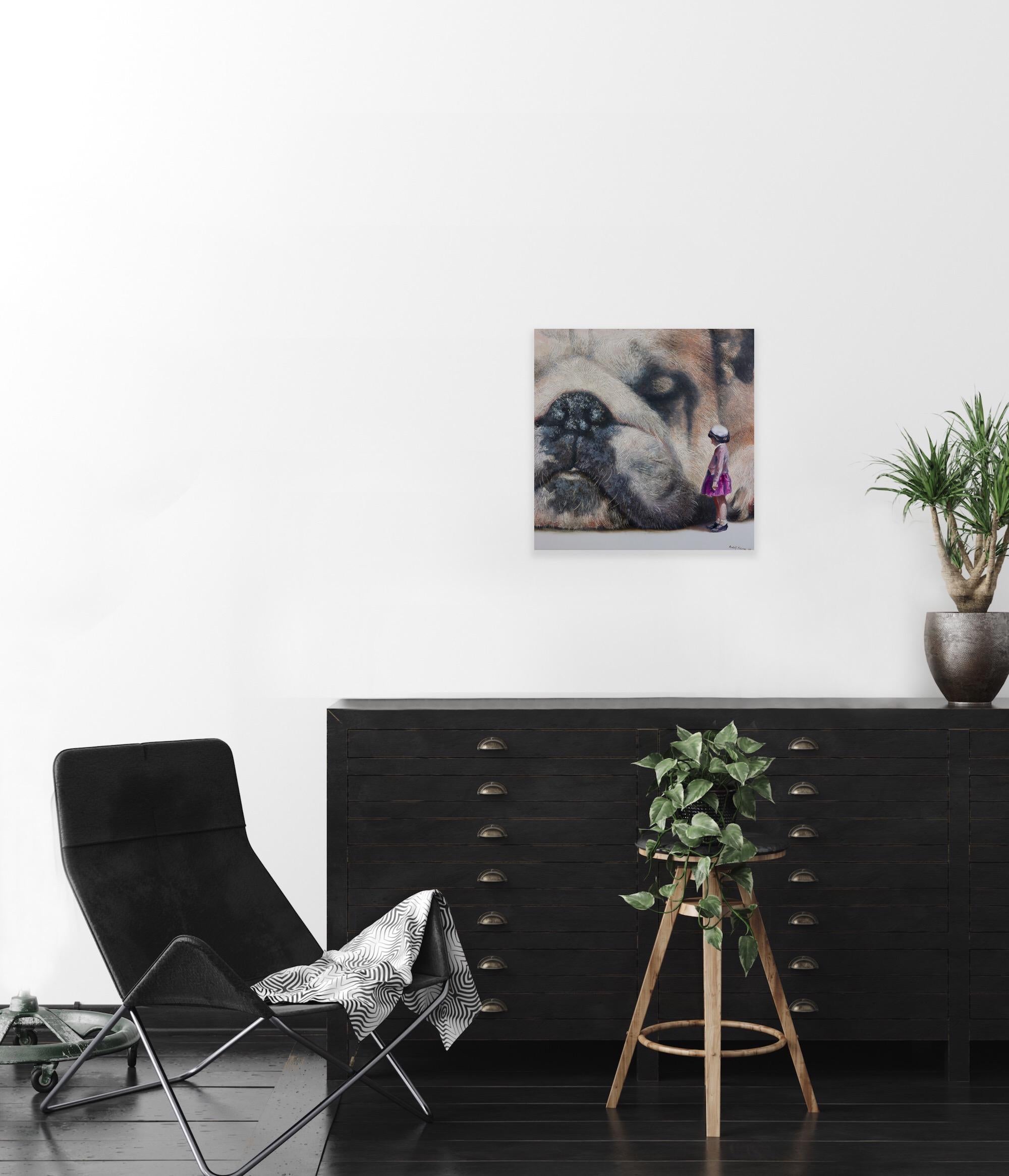 Curious (black old dog, snout, lady, vintage, animal, surrealist oil painting) For Sale 1