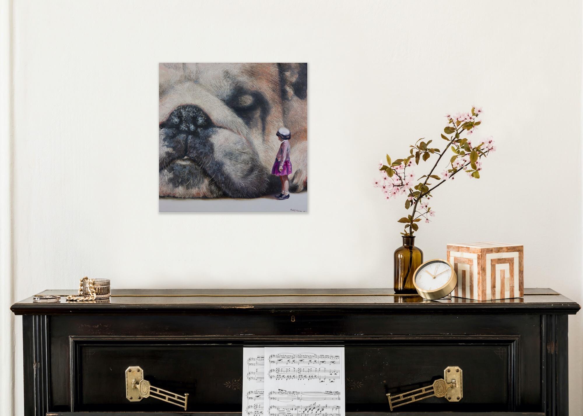 Curious (black old dog, snout, lady, vintage, animal, surrealist oil painting) For Sale 3
