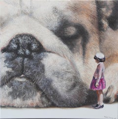 Curious (black old dog, snout, lady, vintage, animal, surrealist oil painting)