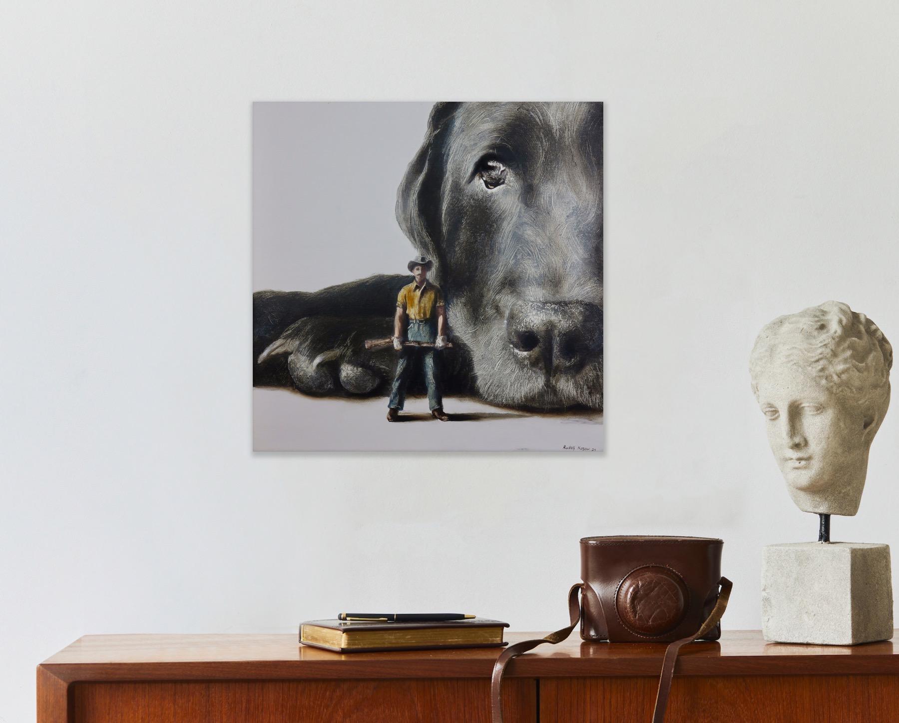 Defender (dog, hunter, pet black Lab, man, animal, surrealist painting, american For Sale 6