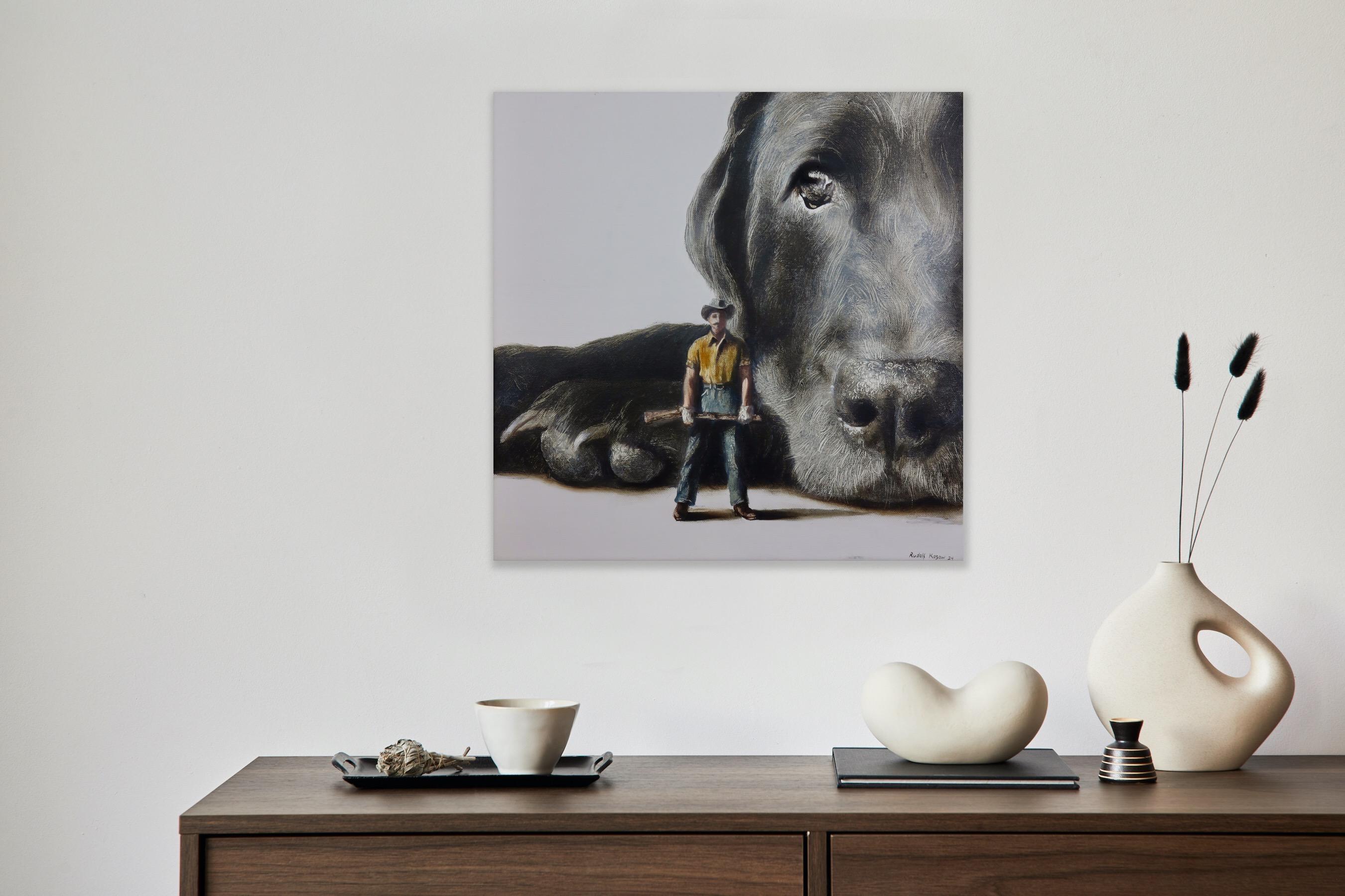 Defender (dog, hunter, pet black Lab, man, animal, surrealist painting, american For Sale 9