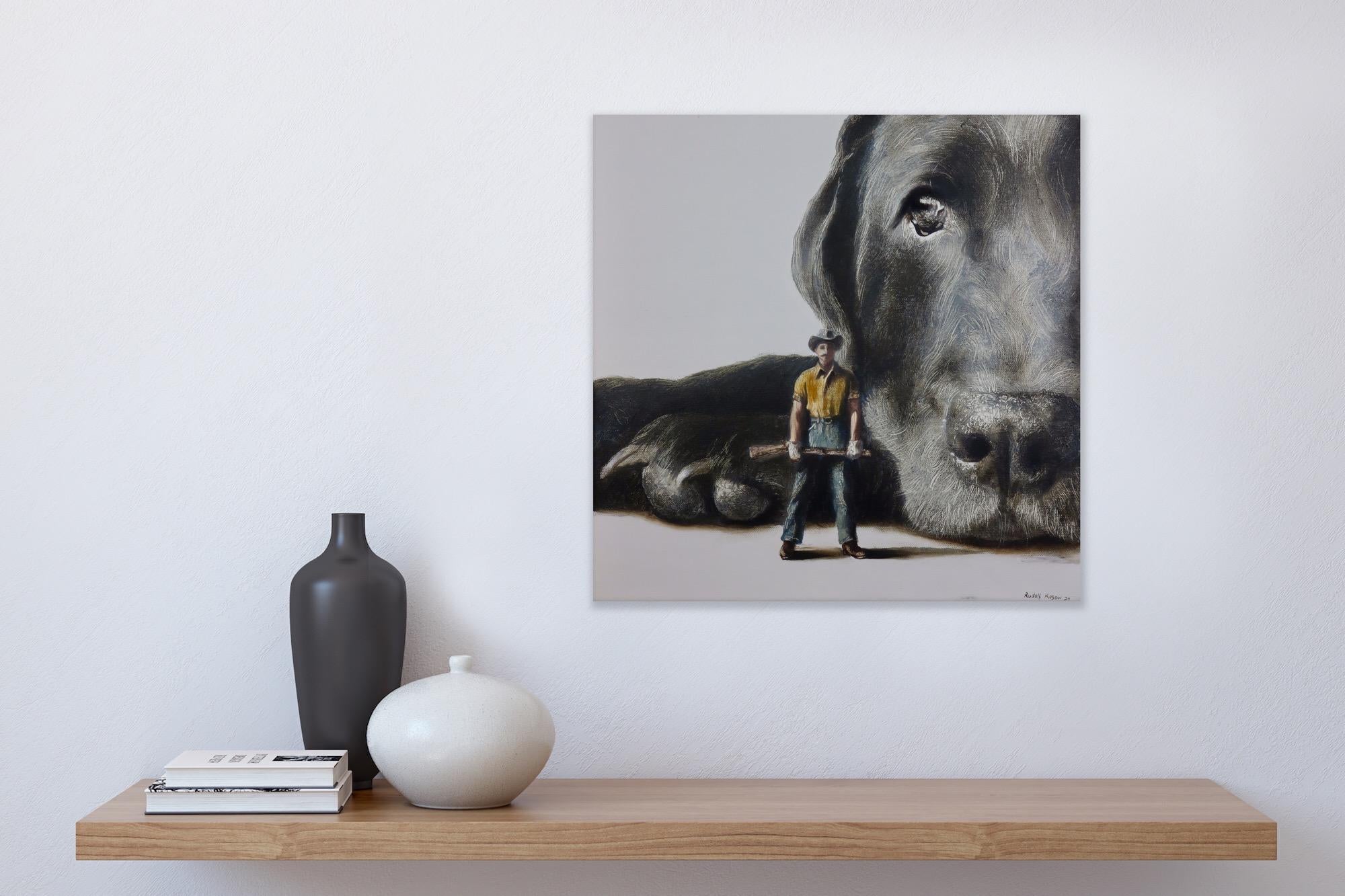 Defender (dog, hunter, pet black Lab, man, animal, surrealist painting, american For Sale 11