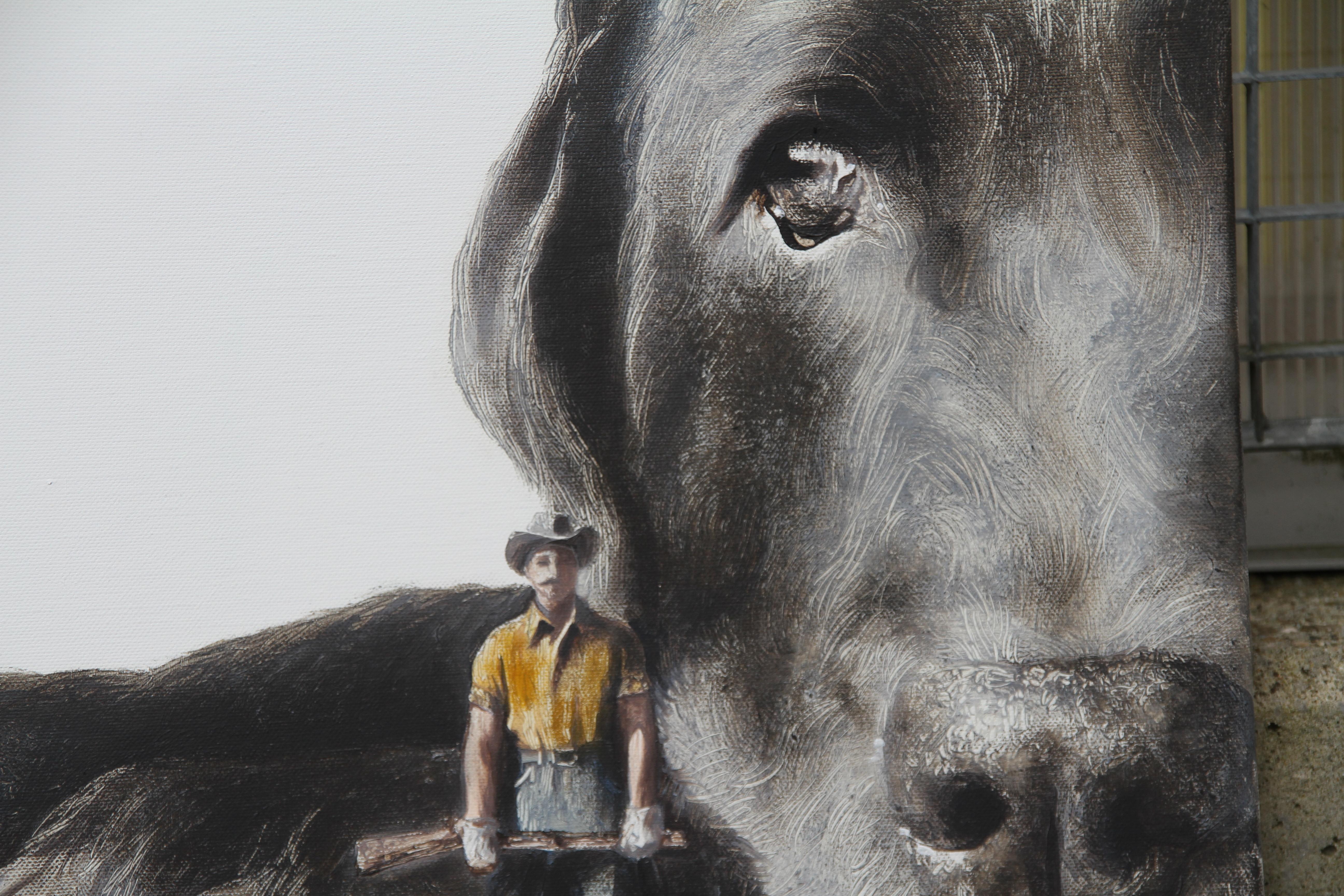 Defender (dog, hunter, pet black Lab, man, animal, surrealist painting, american - Painting by Rudolf Kosow