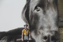Defender (dog, hunter, pet black Lab, man, animal, surrealist painting, american