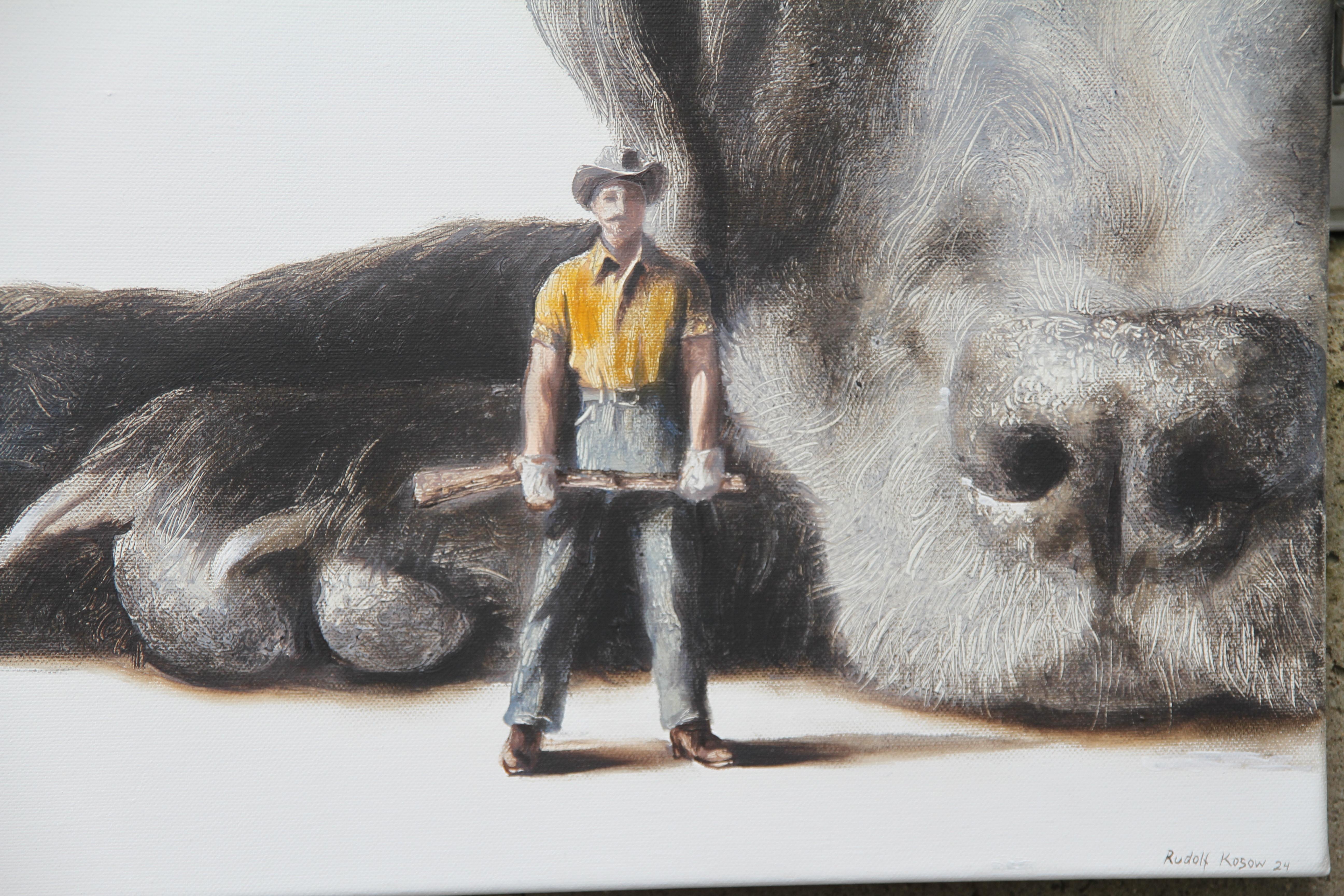 Defender (dog, hunter, pet black Lab, man, animal, surrealist painting, american - Surrealist Painting by Rudolf Kosow