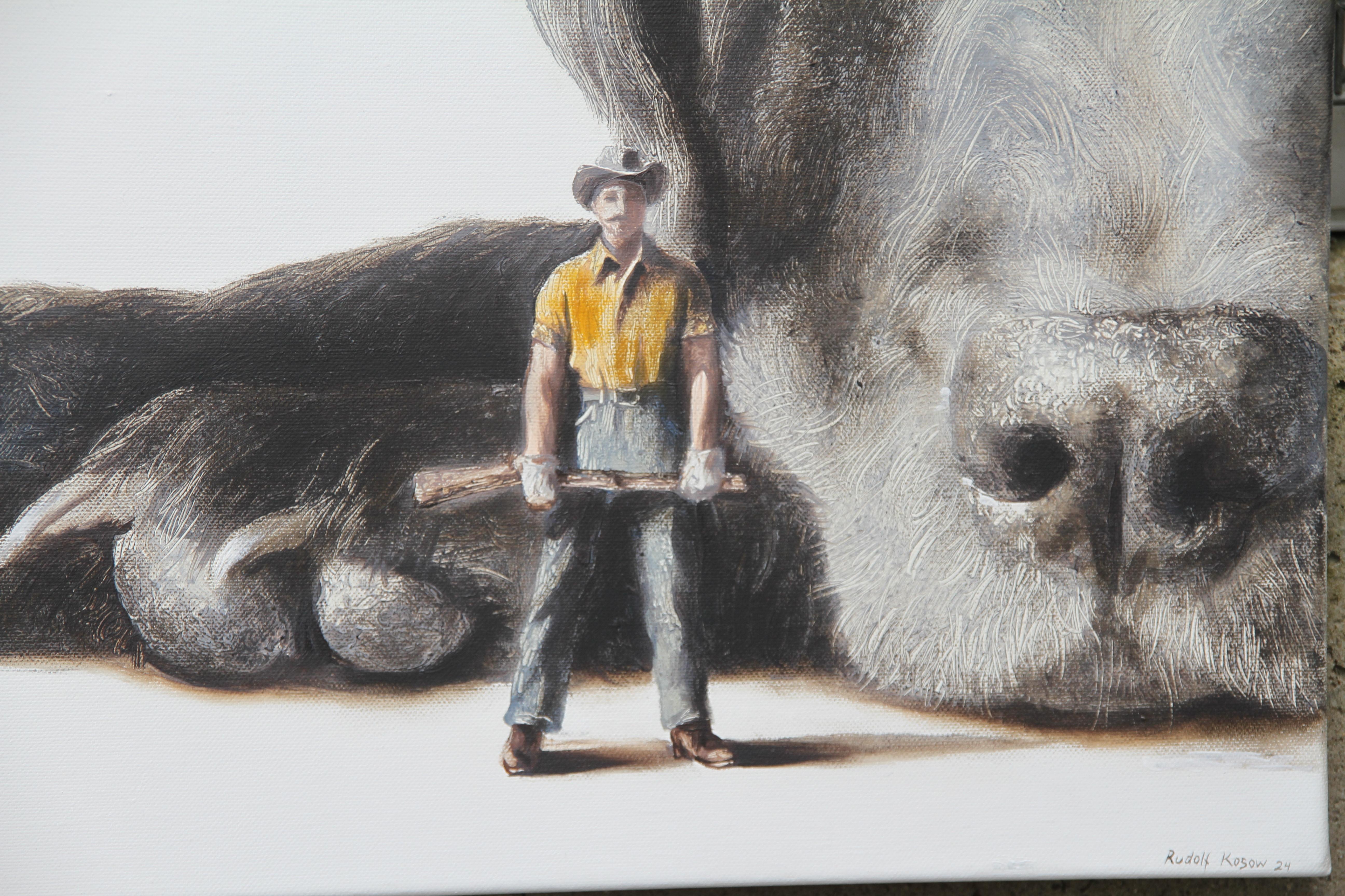 Defensor (perro, cazador, labrador negro mascota, hombre, animal, cuadro surrealista, americano - Painting Surrealista de Rudolf Kosow