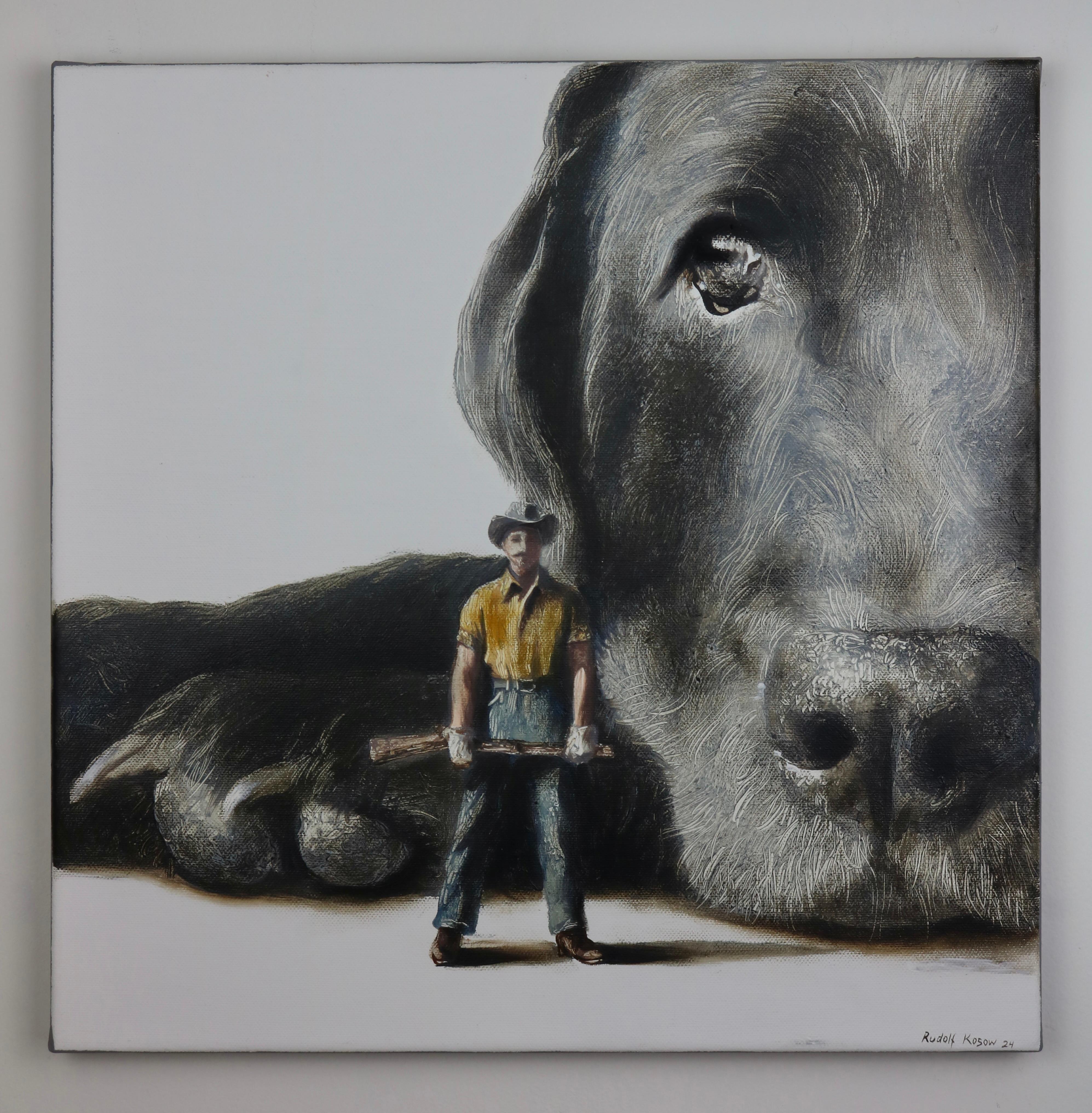 Esta conmovedora pintura de Rudolf Kosow nos presenta una notable alegoría visual rica en influencias surrealistas. El lienzo está ocupado por el rostro colosal y detallado de un labrador retriever negro que mira con una expresión a la vez noble y