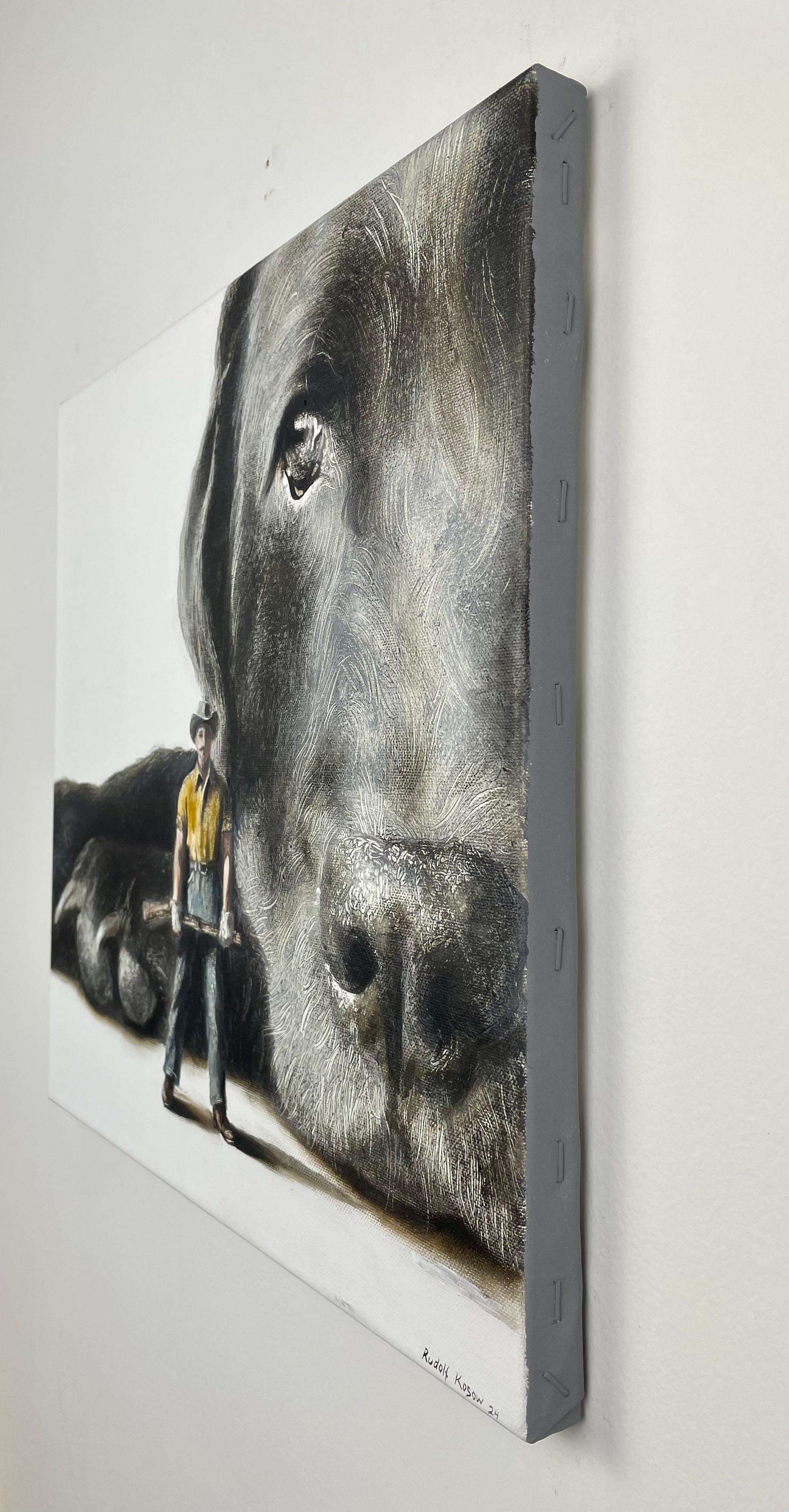 Defensor (perro, cazador, labrador negro mascota, hombre, animal, cuadro surrealista, americano en venta 1