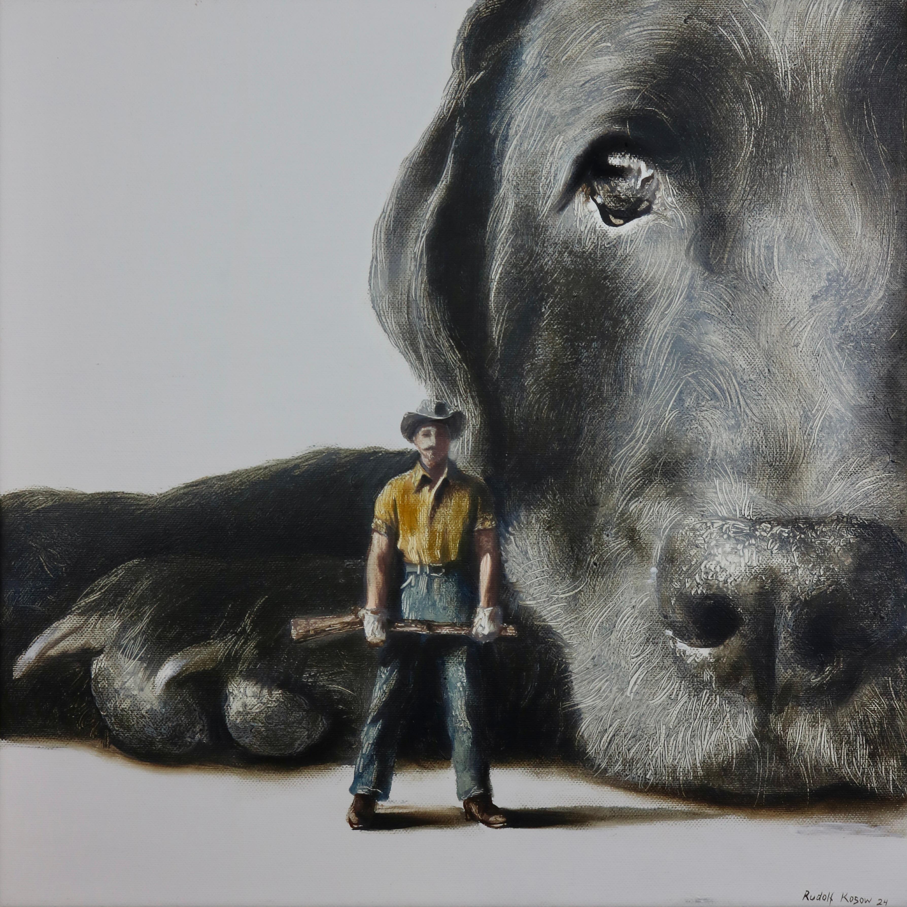 Defender (dog, hunter, pet black Lab, man, animal, surrealist painting, american For Sale 3