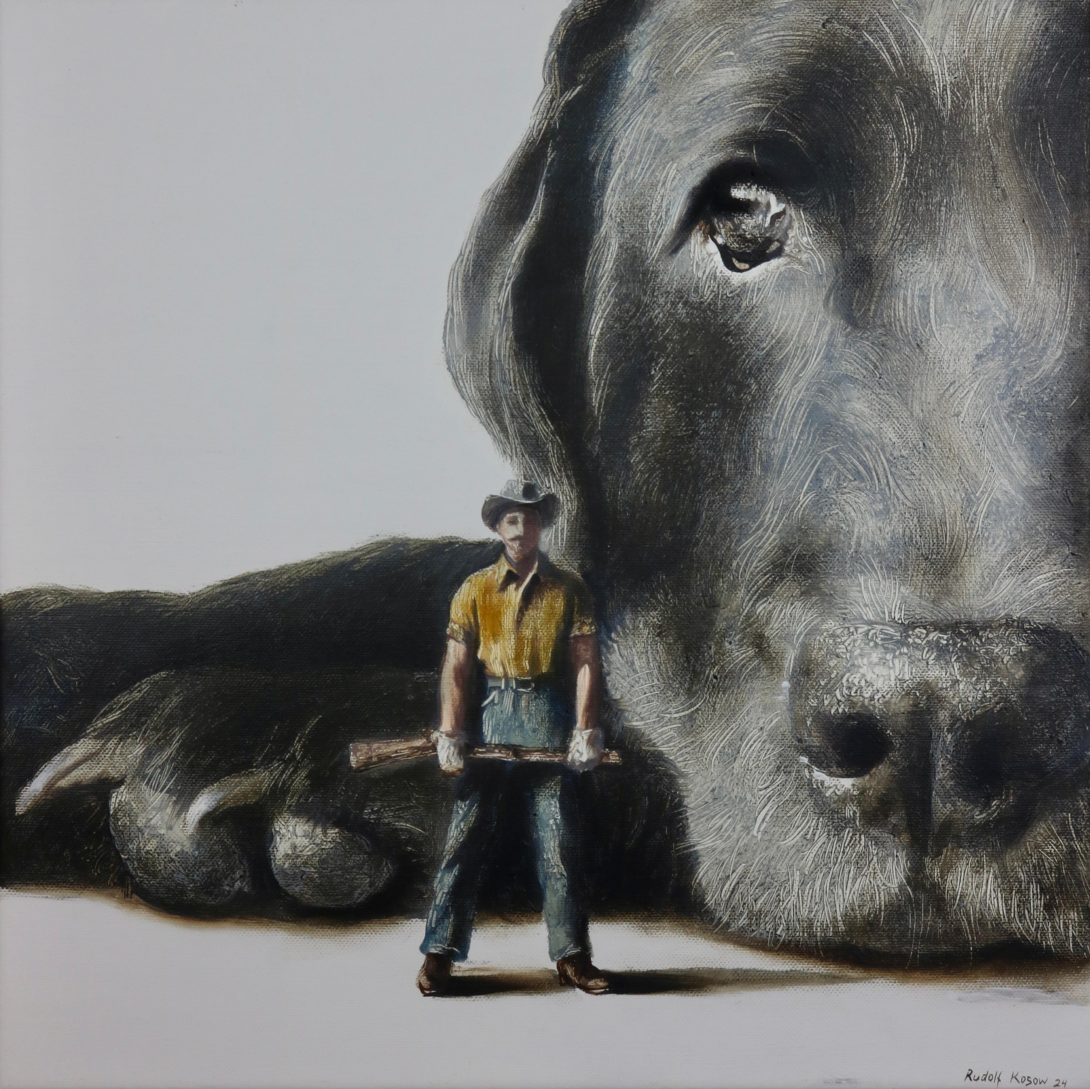 Defensor (perro, cazador, labrador negro mascota, hombre, animal, cuadro surrealista, americano en venta 2