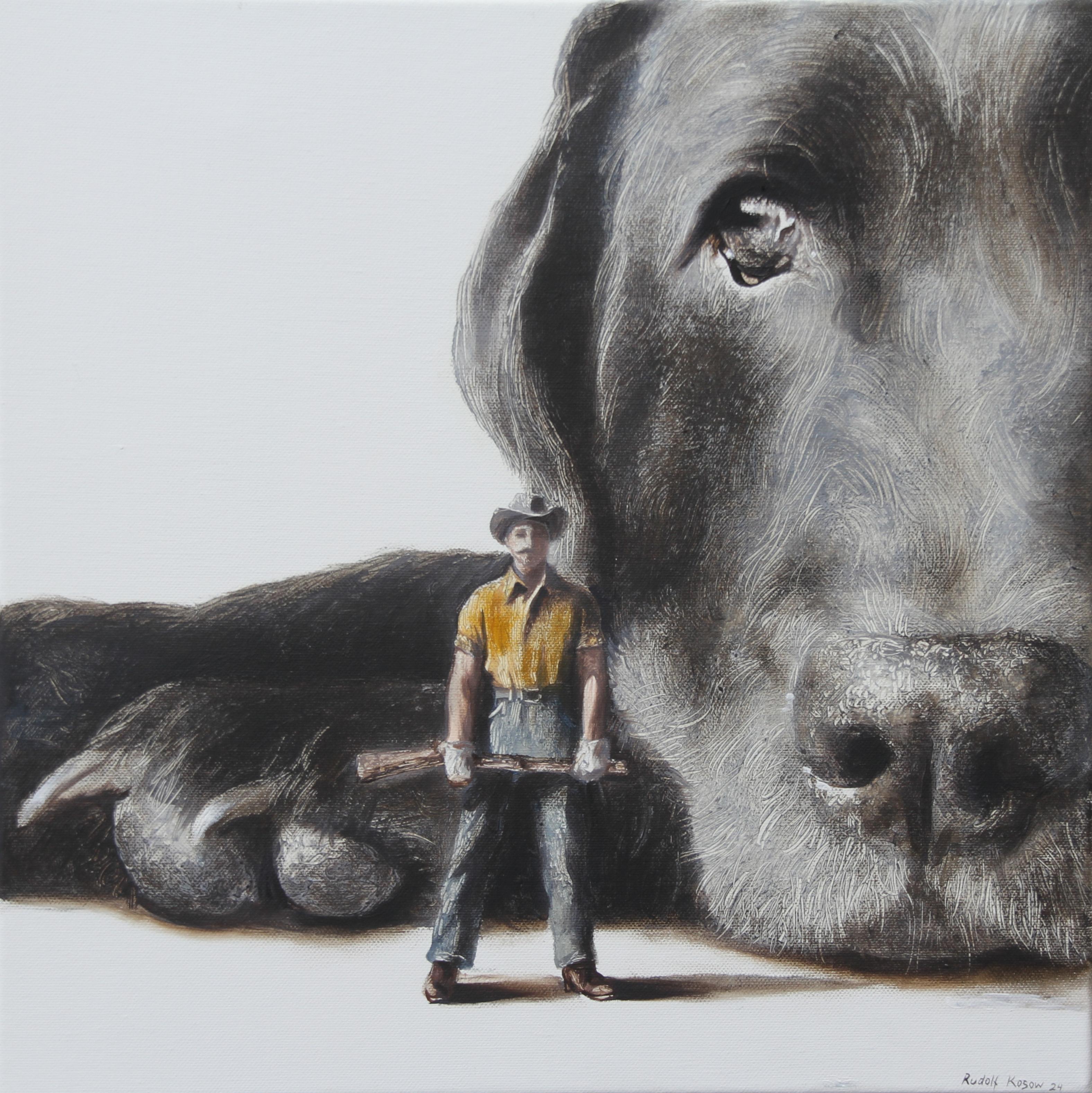 Rudolf Kosow Animal Painting - Defender (dog, hunter, pet black Lab, man, animal, surrealist painting, american