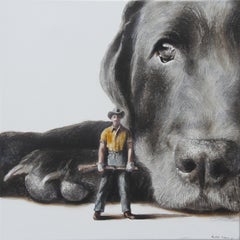 Defender (Dogge, Jäger, Haustier, schwarzer Lab, Mensch, Tier, surrealistische Malerei, amerikanisch