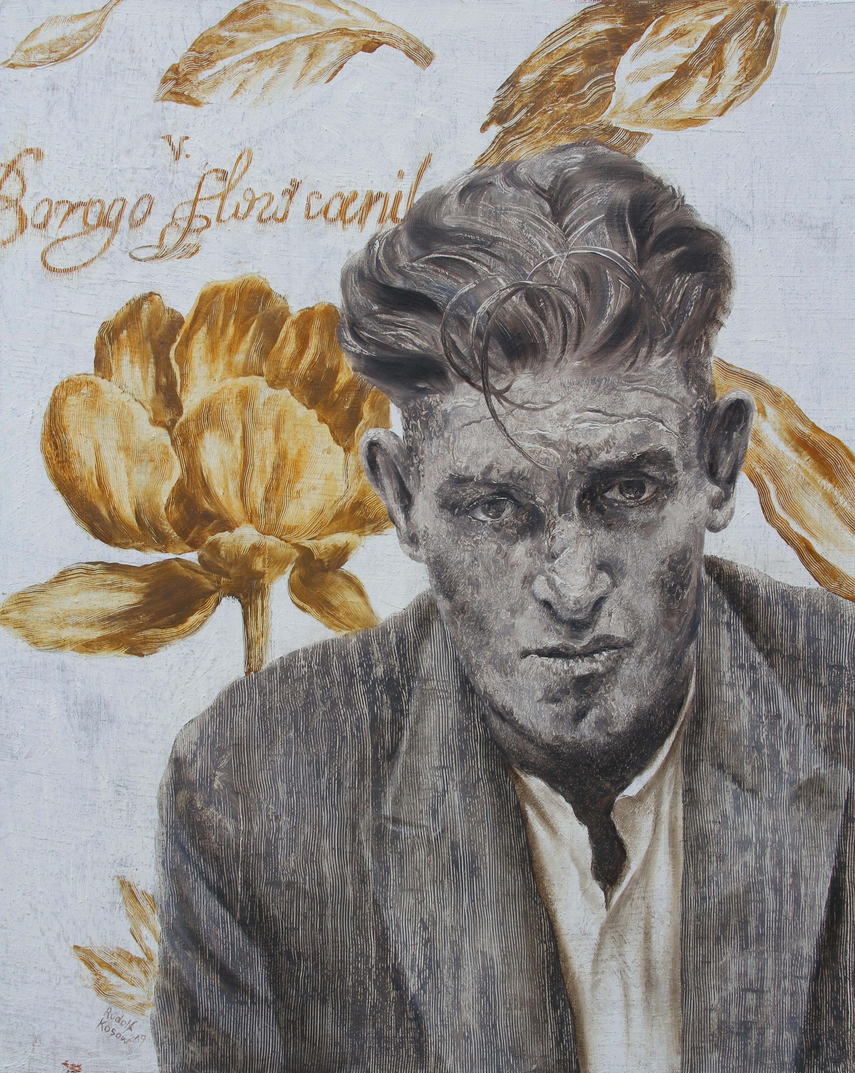 Portrait Painting di Rudolf Kosow - Mr. D (ritratto monocromatico vintage uomo nostalgia giallo ocra fiori botanica)