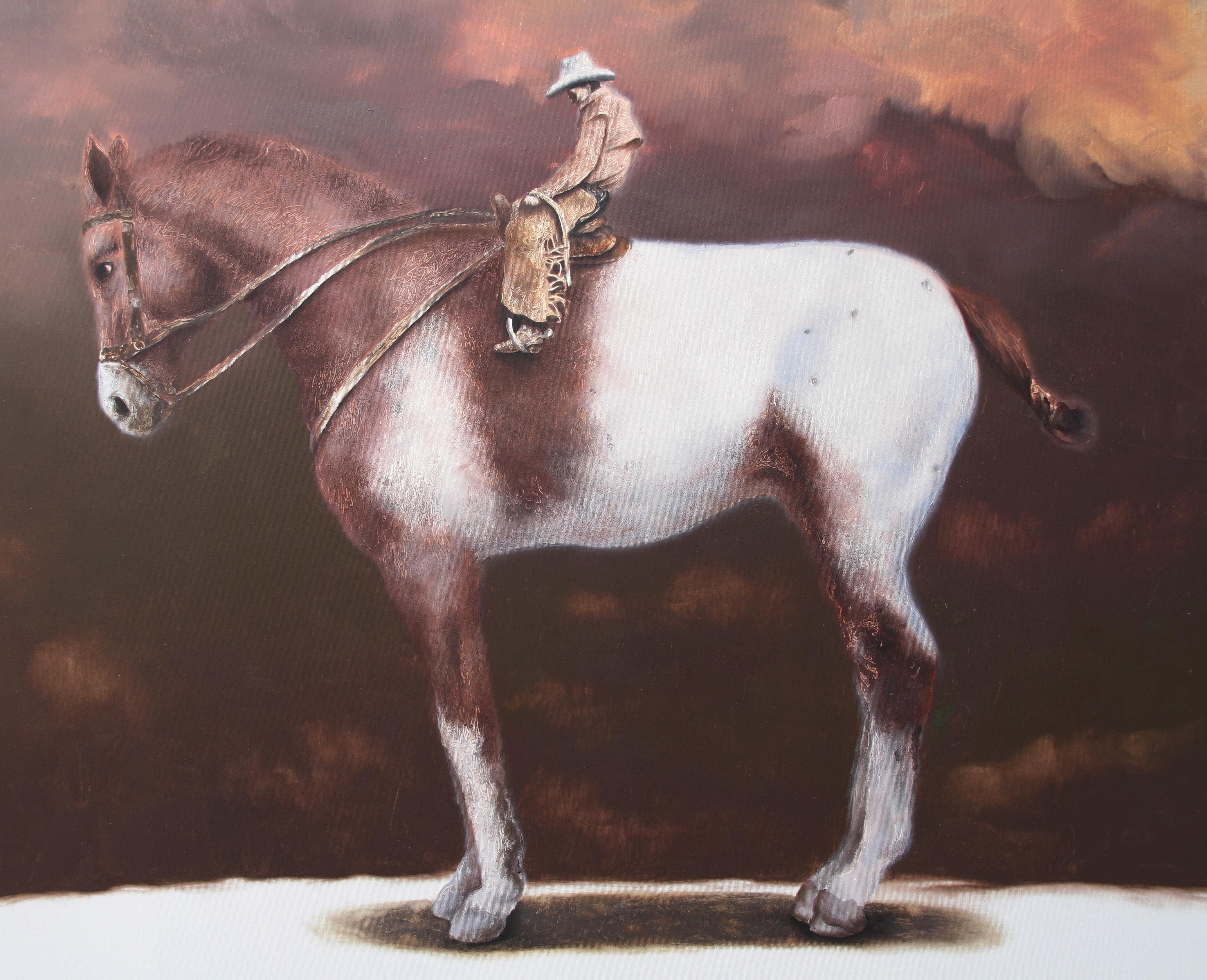 Destino (pintura al óleo surrealista caballo gigante vaquero jinete hombre equino marrón) - Painting de Rudolf Kosow