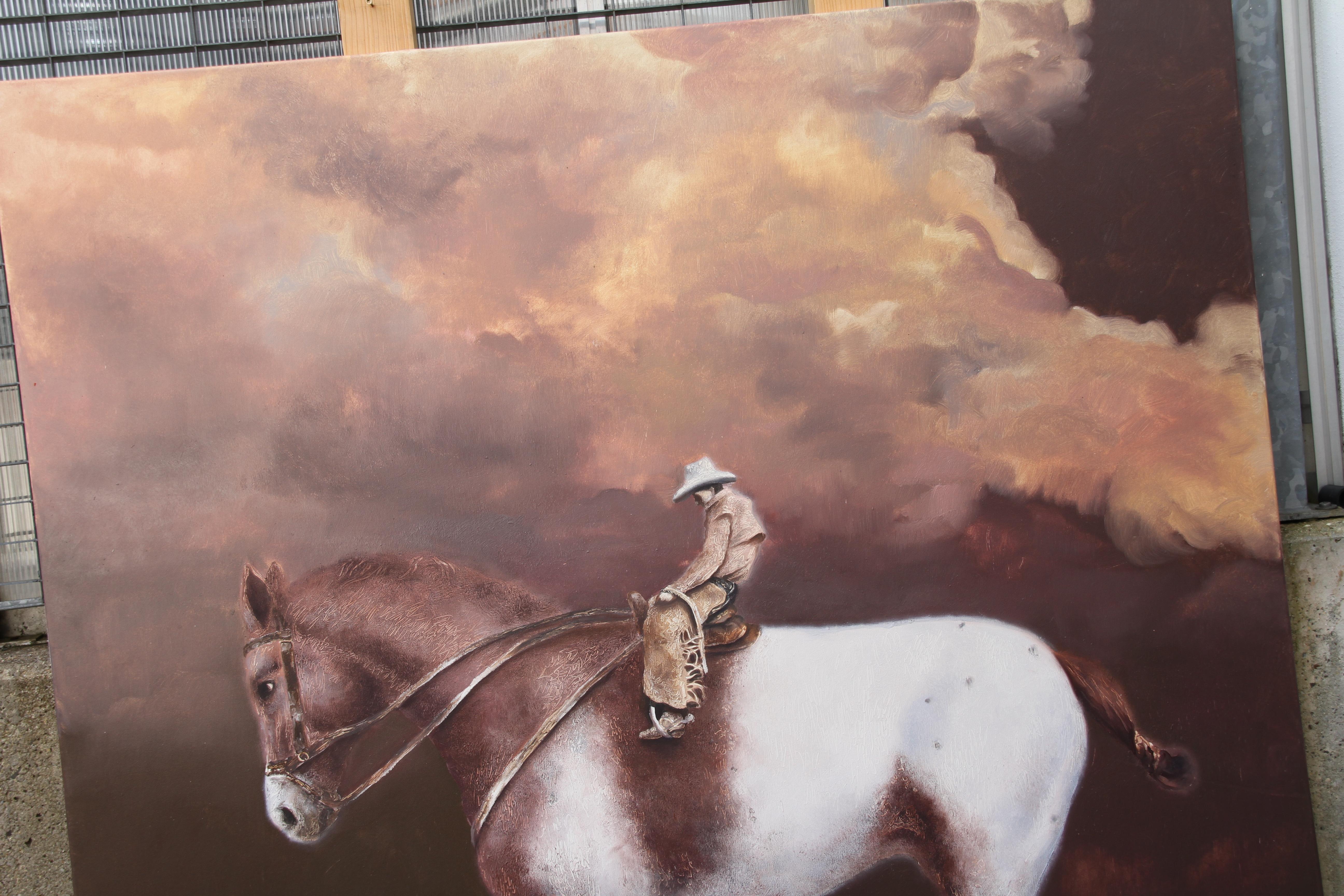 Destino (pintura al óleo surrealista caballo gigante vaquero jinete hombre equino marrón) - Painting Surrealista de Rudolf Kosow