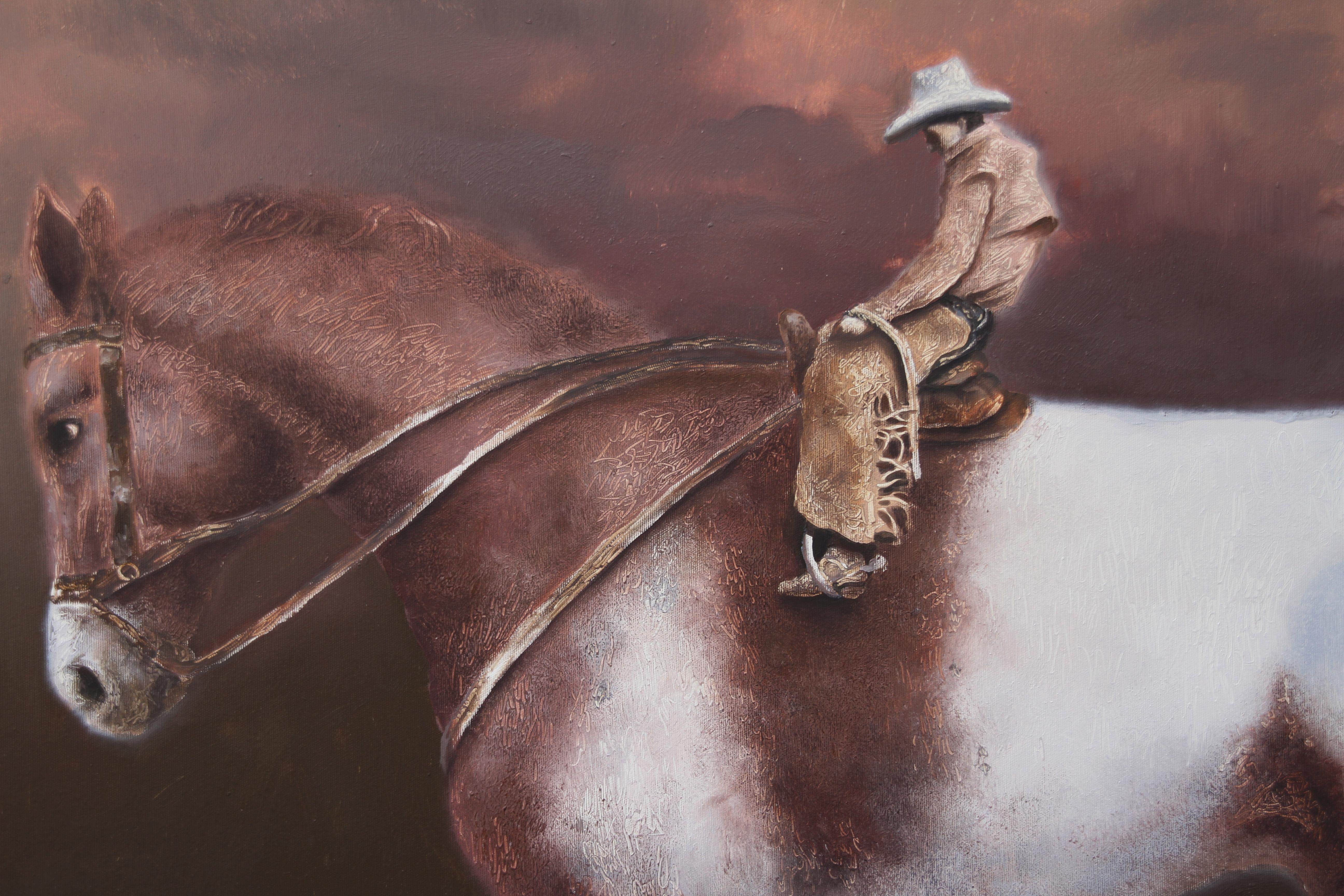 Destino (pintura al óleo surrealista caballo gigante vaquero jinete hombre equino marrón) - Animal Painting Gris de Rudolf Kosow
