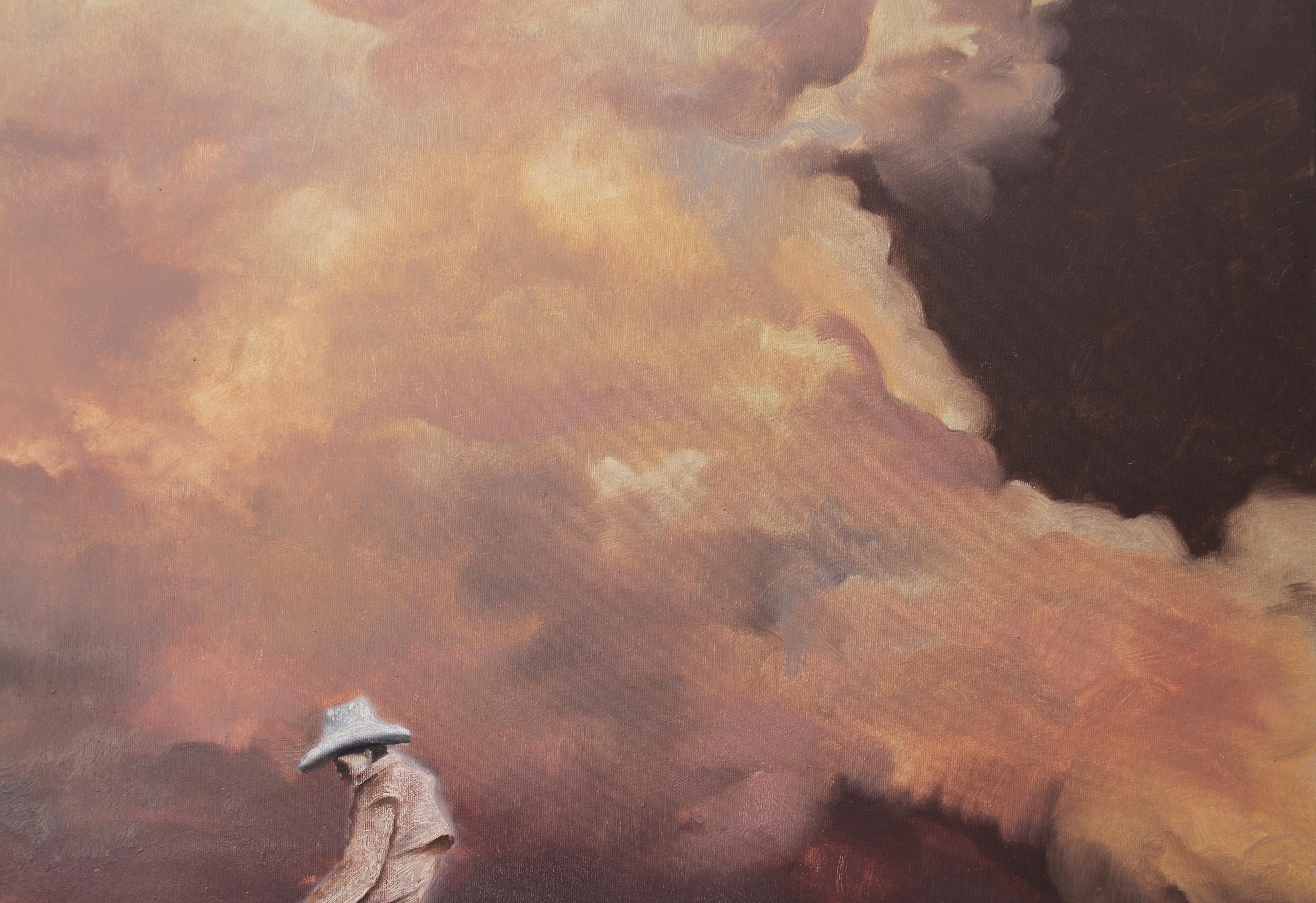 Destino (pintura al óleo surrealista caballo gigante vaquero jinete hombre equino marrón) en venta 1