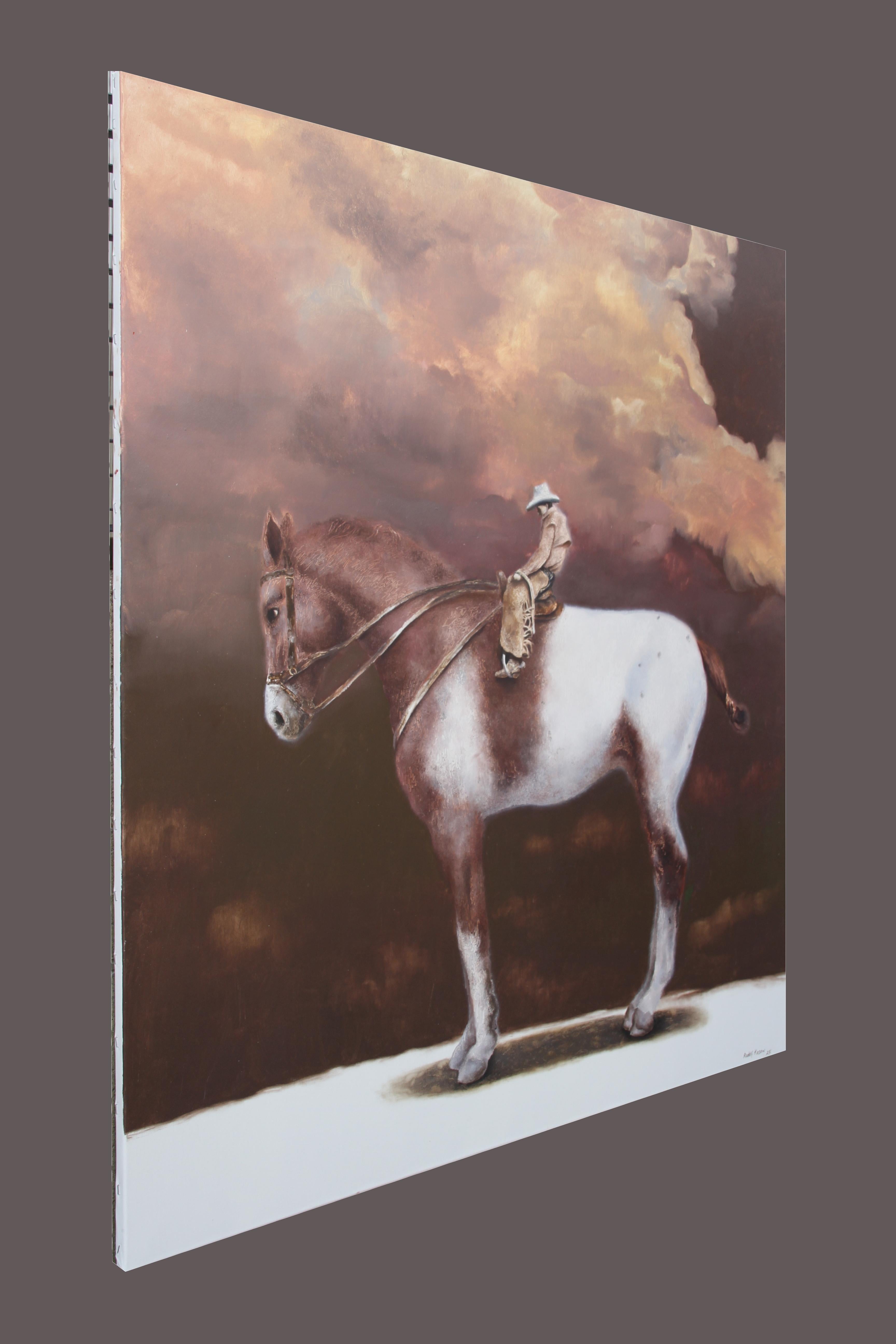 Destino (pintura al óleo surrealista caballo gigante vaquero jinete hombre equino marrón) en venta 2