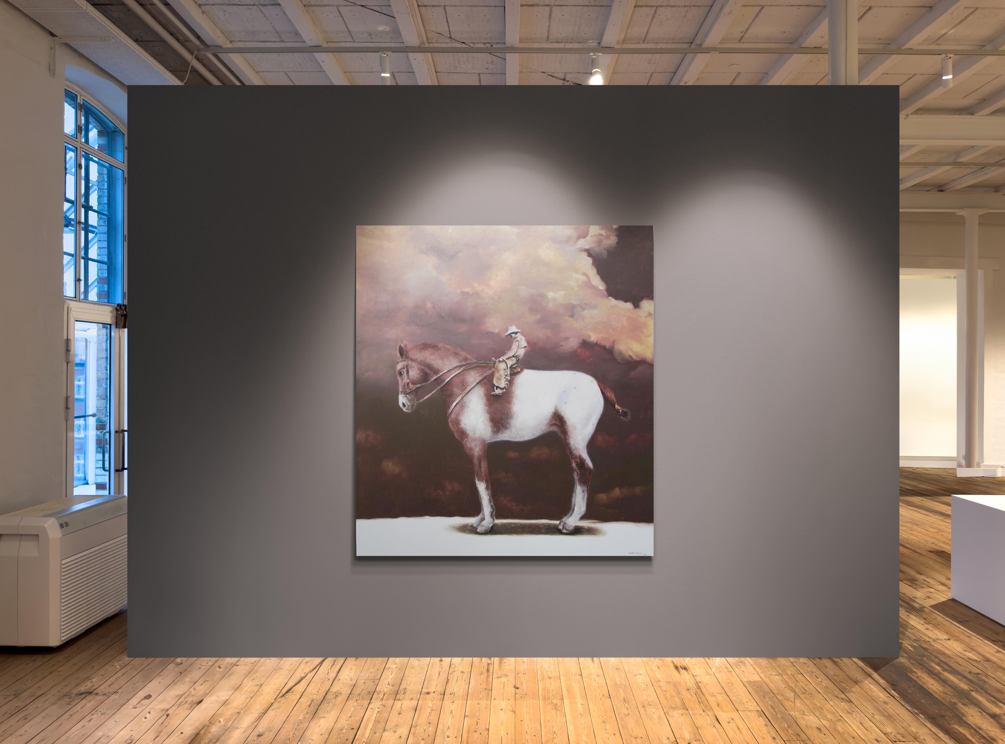 Destino (pintura al óleo surrealista caballo gigante vaquero jinete hombre equino marrón) en venta 4