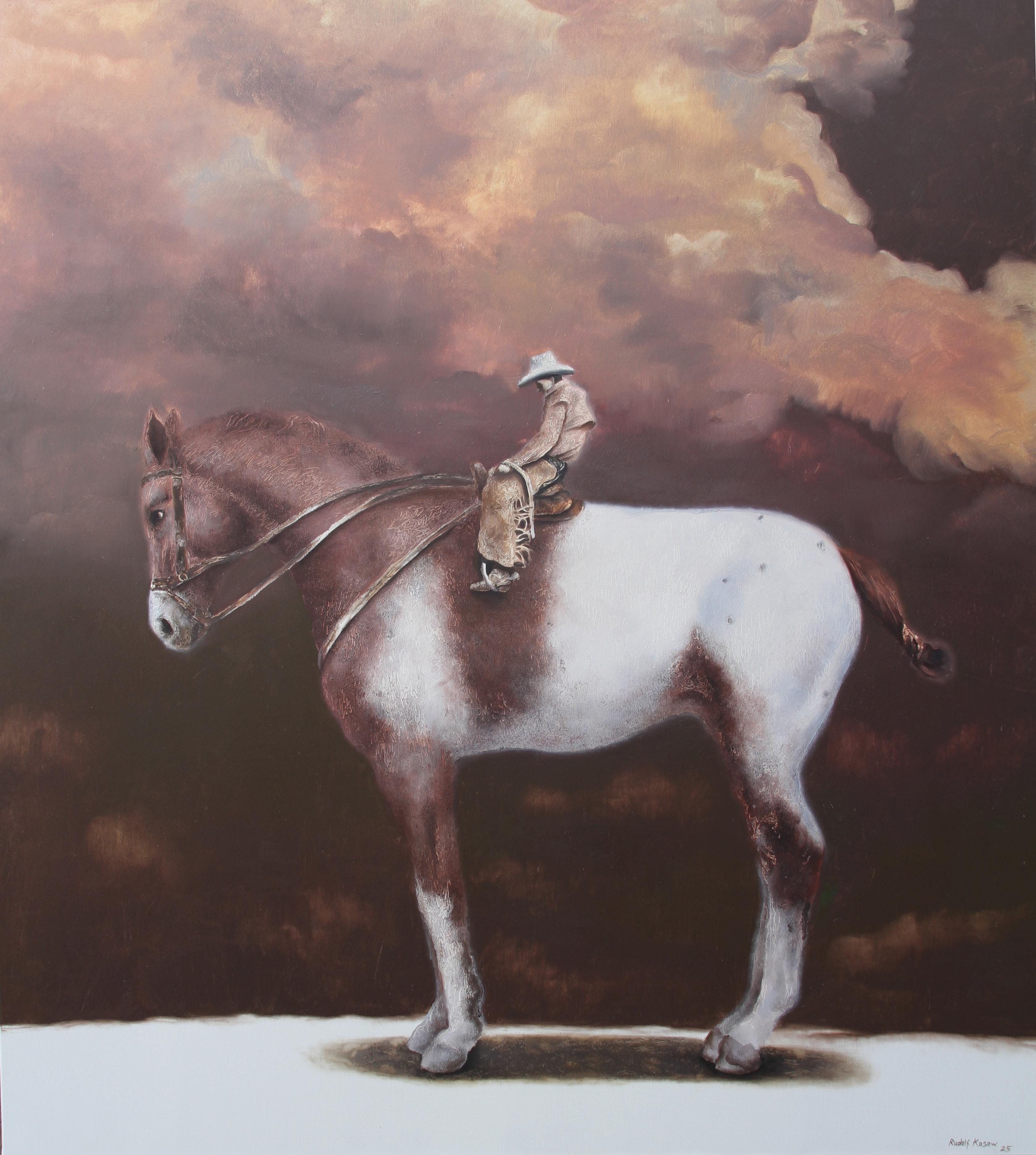 Destiny (surrealist oil painting giant horse cowboy rider man brown equine)